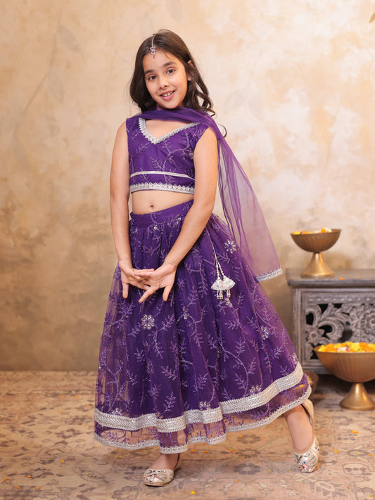 Girls Purple Net Sleeveless Heavy Embroidered Lehenga Choli