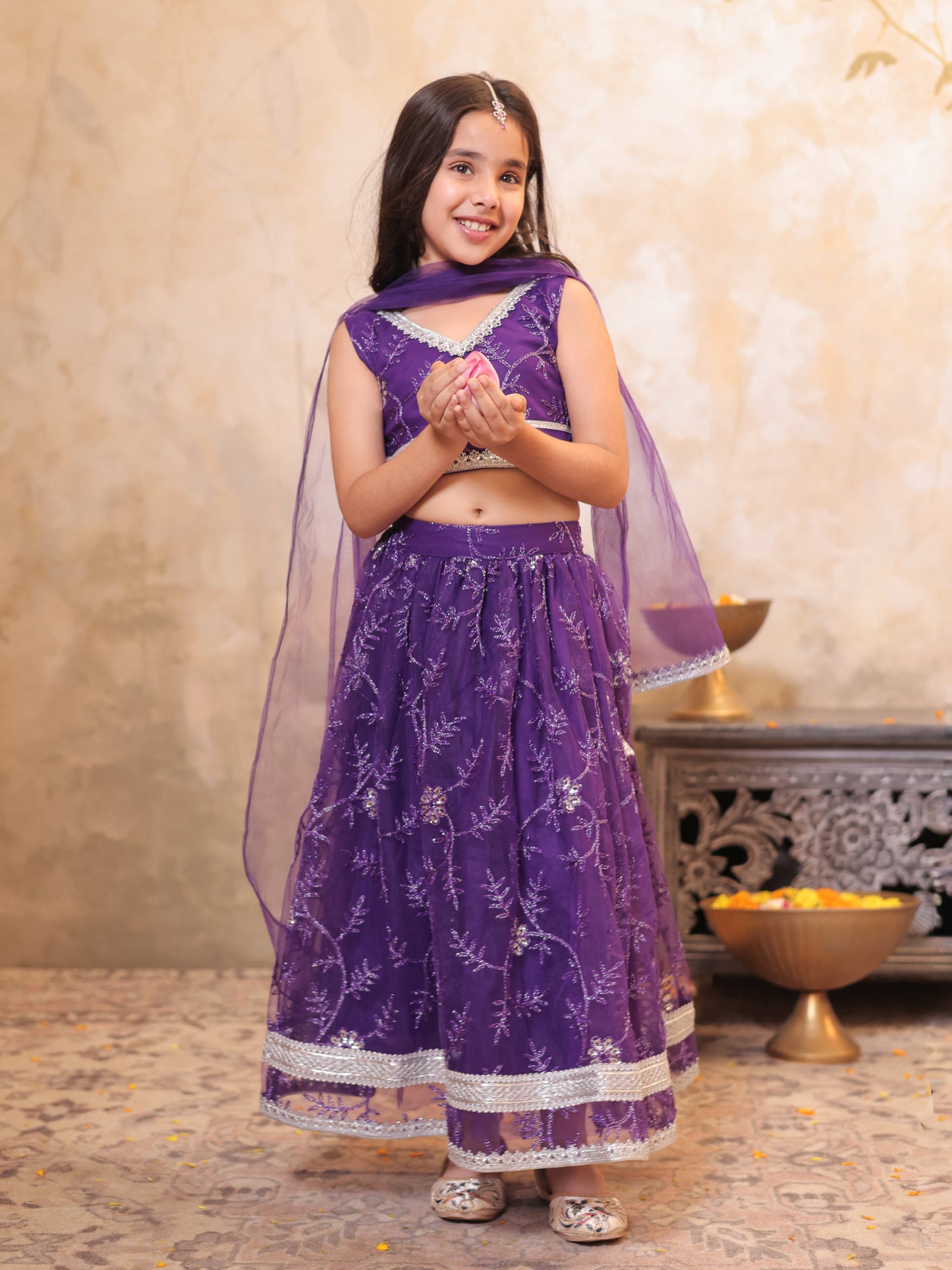 Girls Purple Net Sleeveless Heavy Embroidered Lehenga Choli