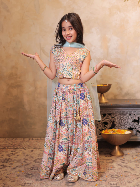 Girls Multi Color Cotton Blend Sleeveless Printed and Gotta Work Lehenga Choli