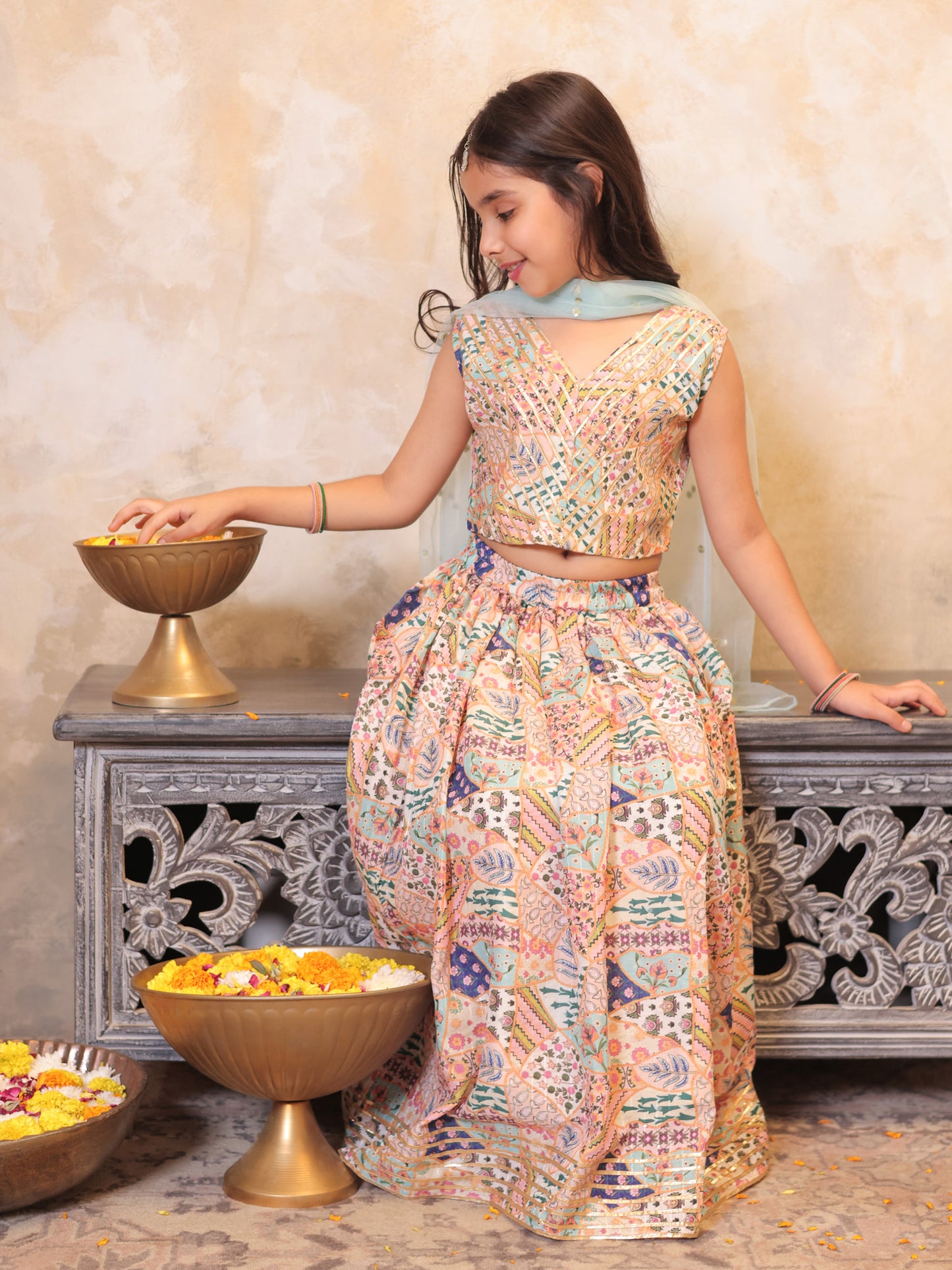 Girls Multi Color Cotton Blend Sleeveless Printed and Gotta Work Lehenga Choli