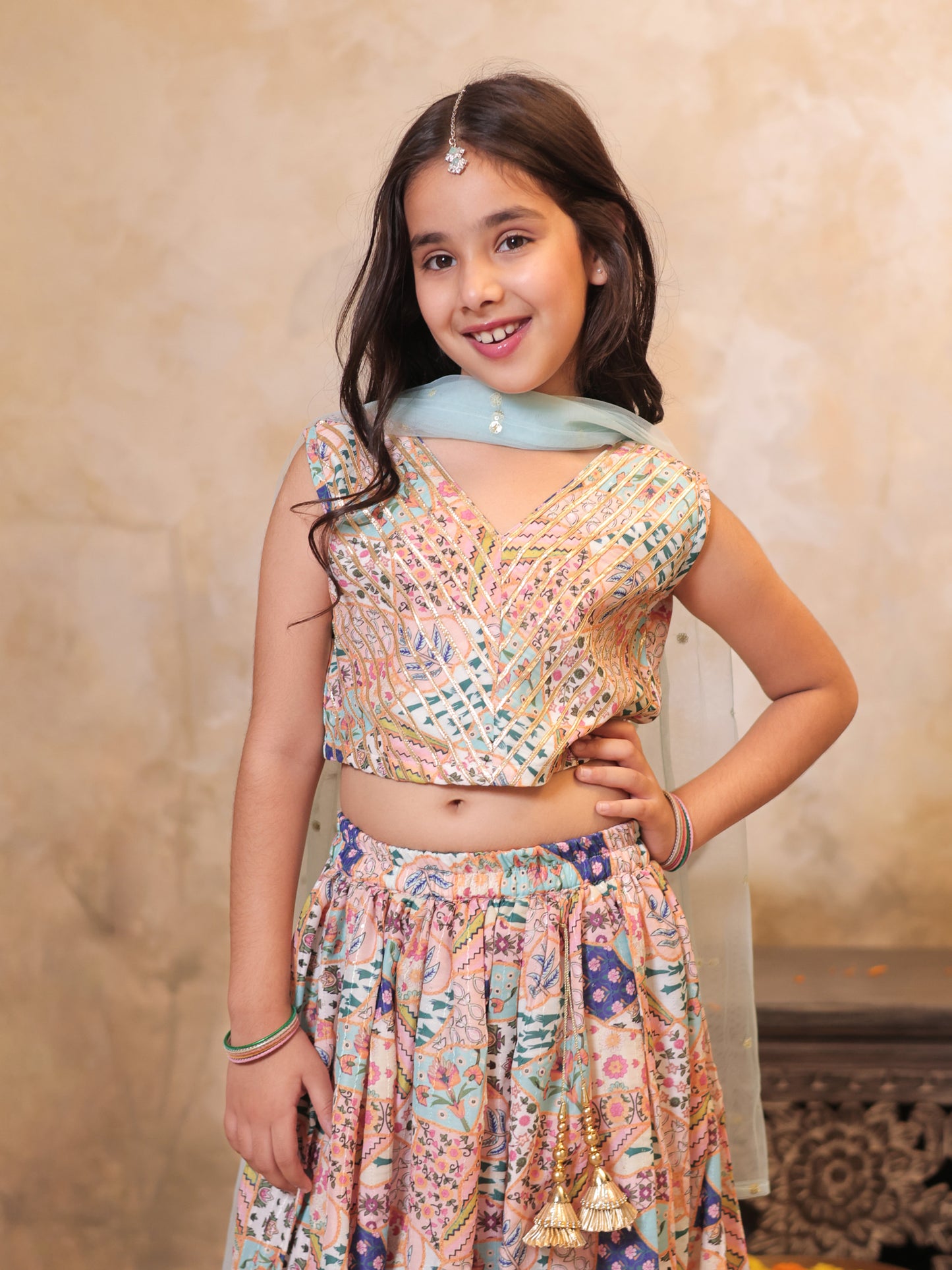 Girls Multi Color Cotton Blend Sleeveless Printed and Gotta Work Lehenga Choli