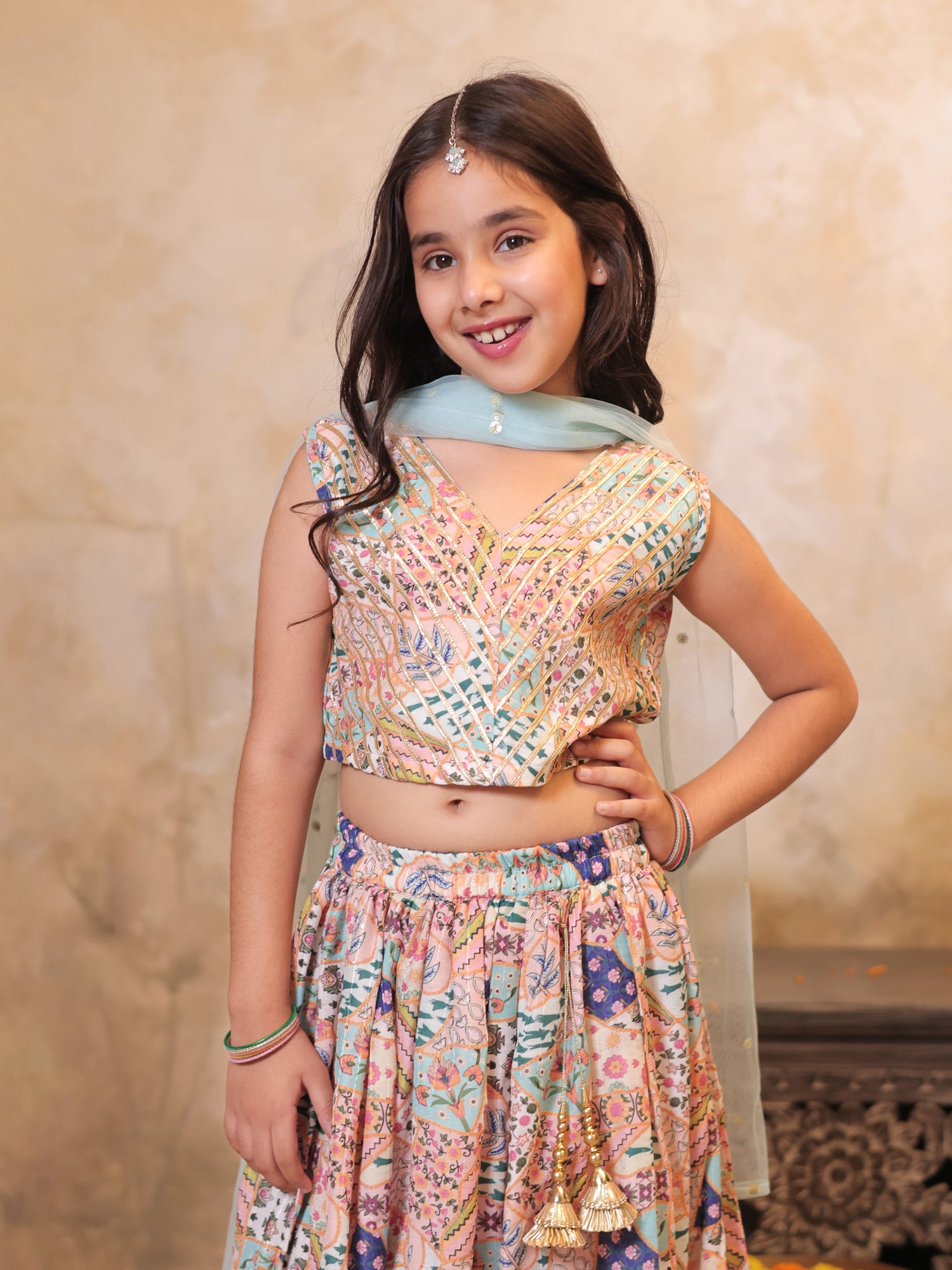Girls Multi Color Cotton Blend Sleeveless Printed and Gotta Work Lehenga Choli