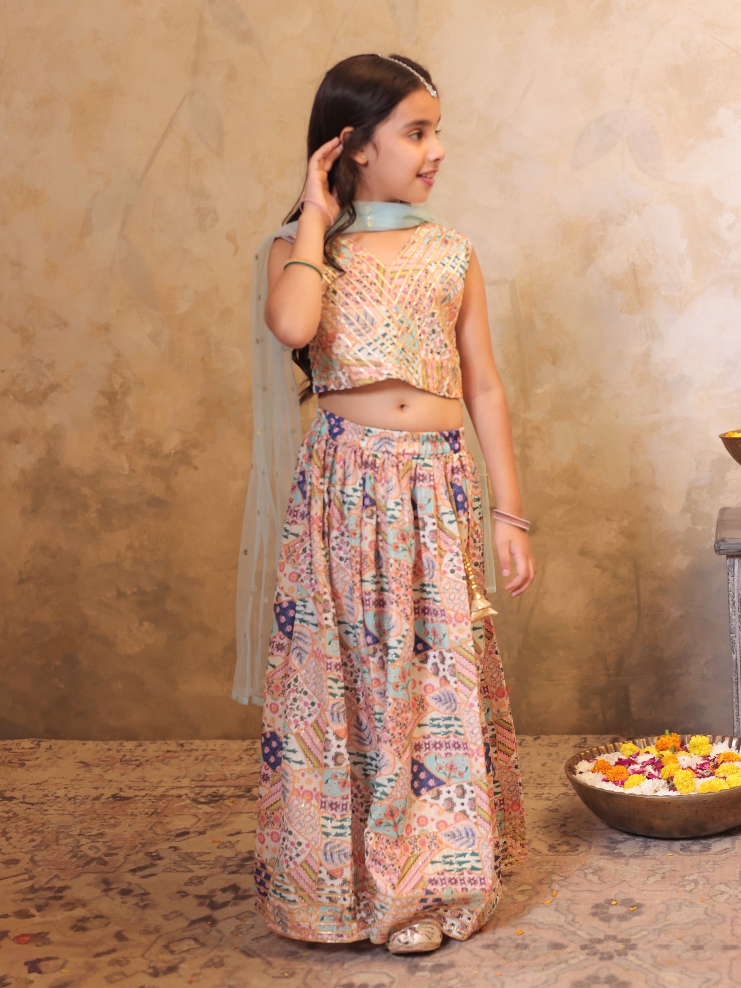 Girls Multi Color Cotton Blend Sleeveless Printed and Gotta Work Lehenga Choli