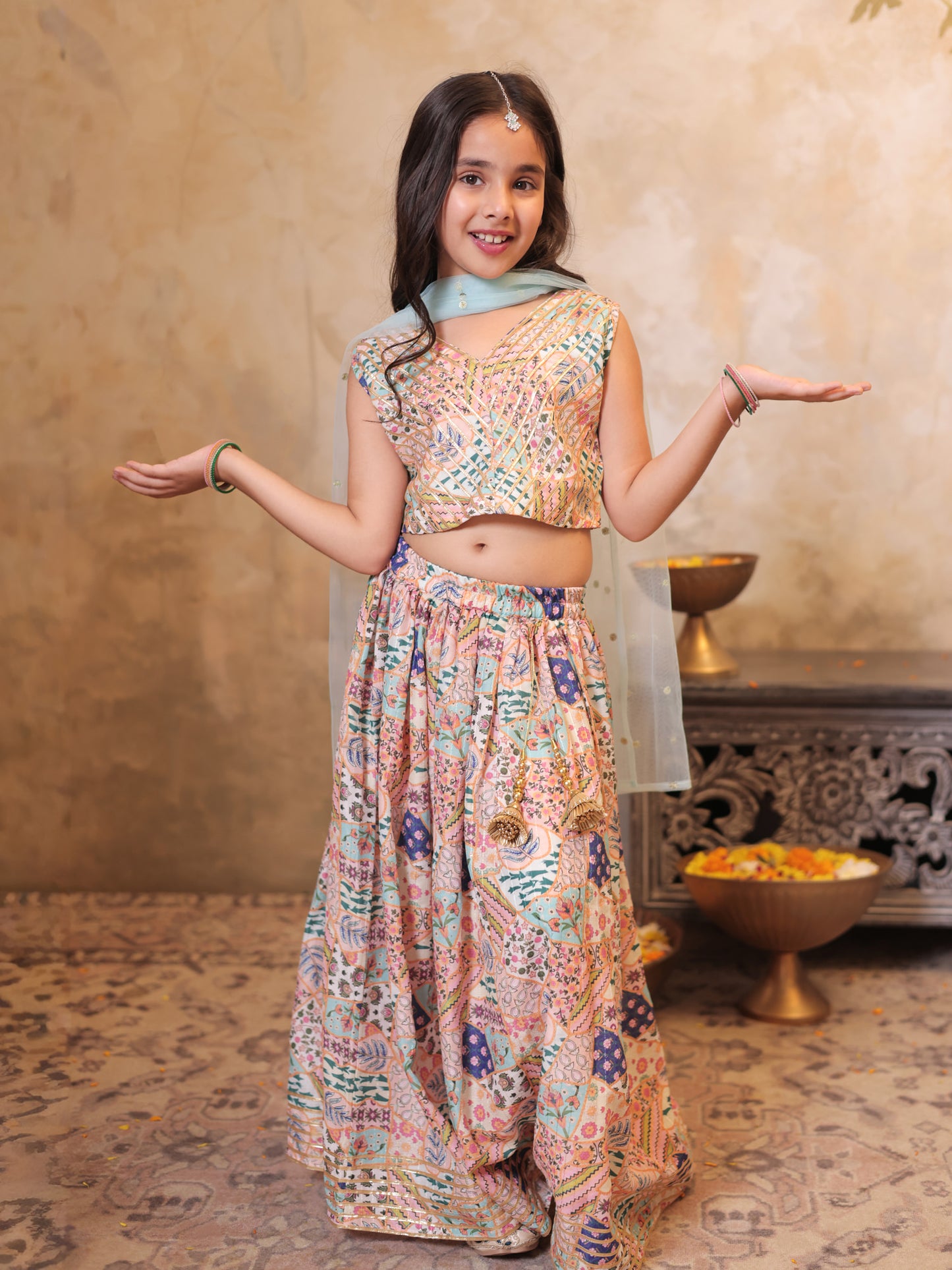 Girls Multi Color Cotton Blend Sleeveless Printed and Gotta Work Lehenga Choli