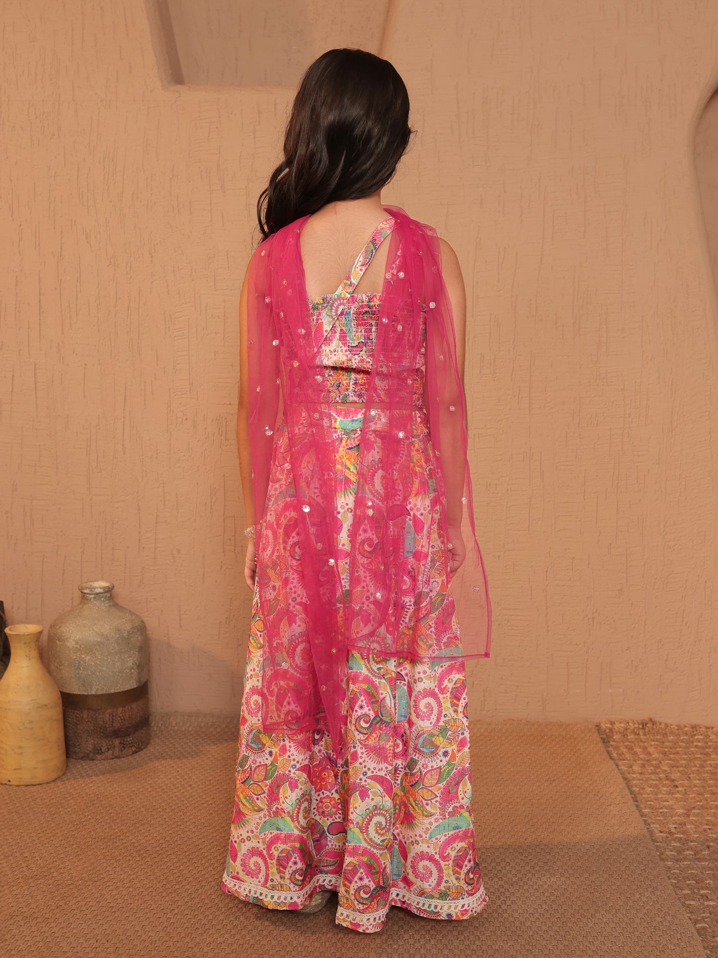 AJ Dezines Pink Cotton Blend Sleeveless Printed and Gotta Work Lehenga Choli with Sling Bag