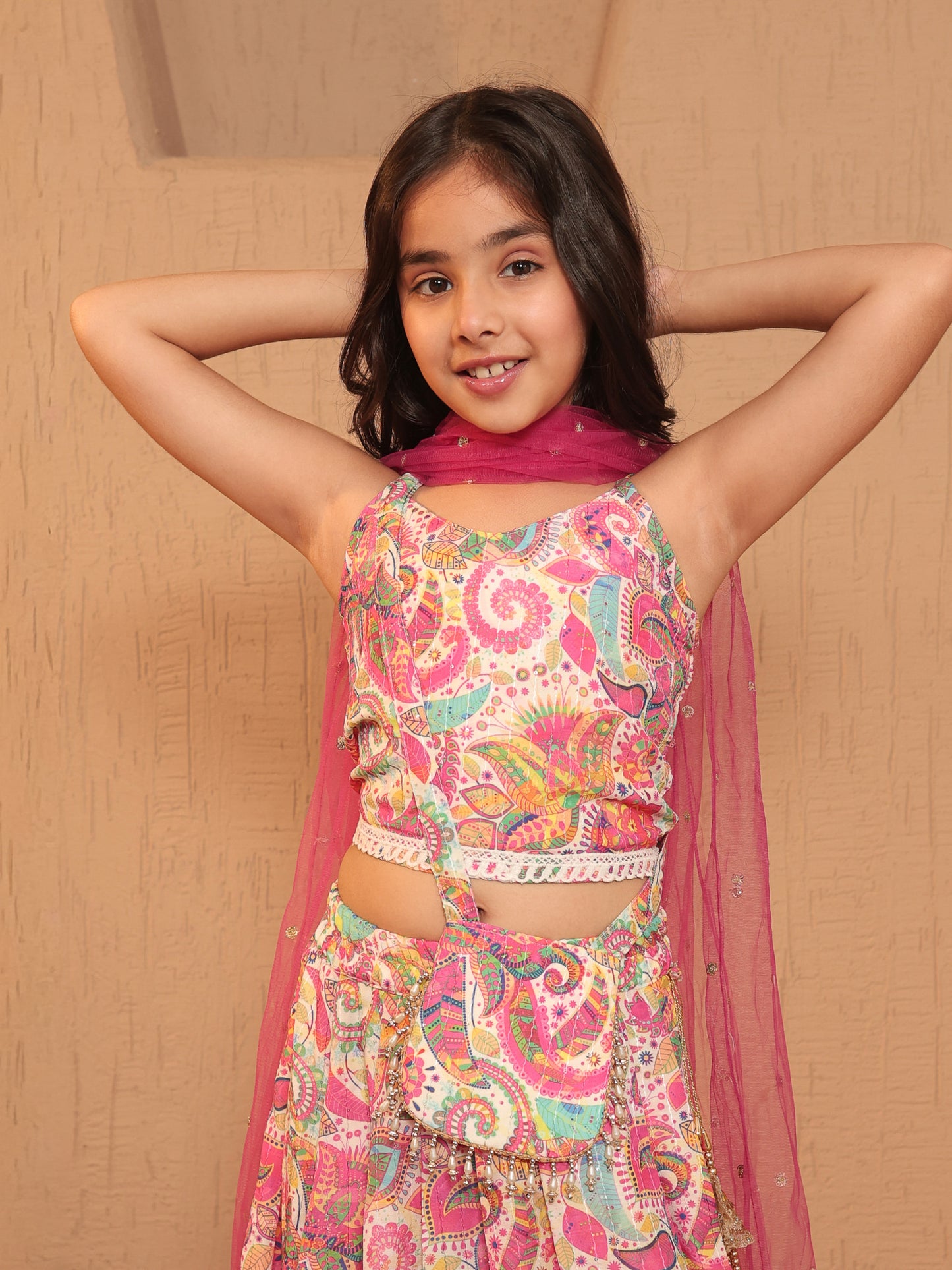 AJ Dezines Pink Cotton Blend Sleeveless Printed and Gotta Work Lehenga Choli with Sling Bag