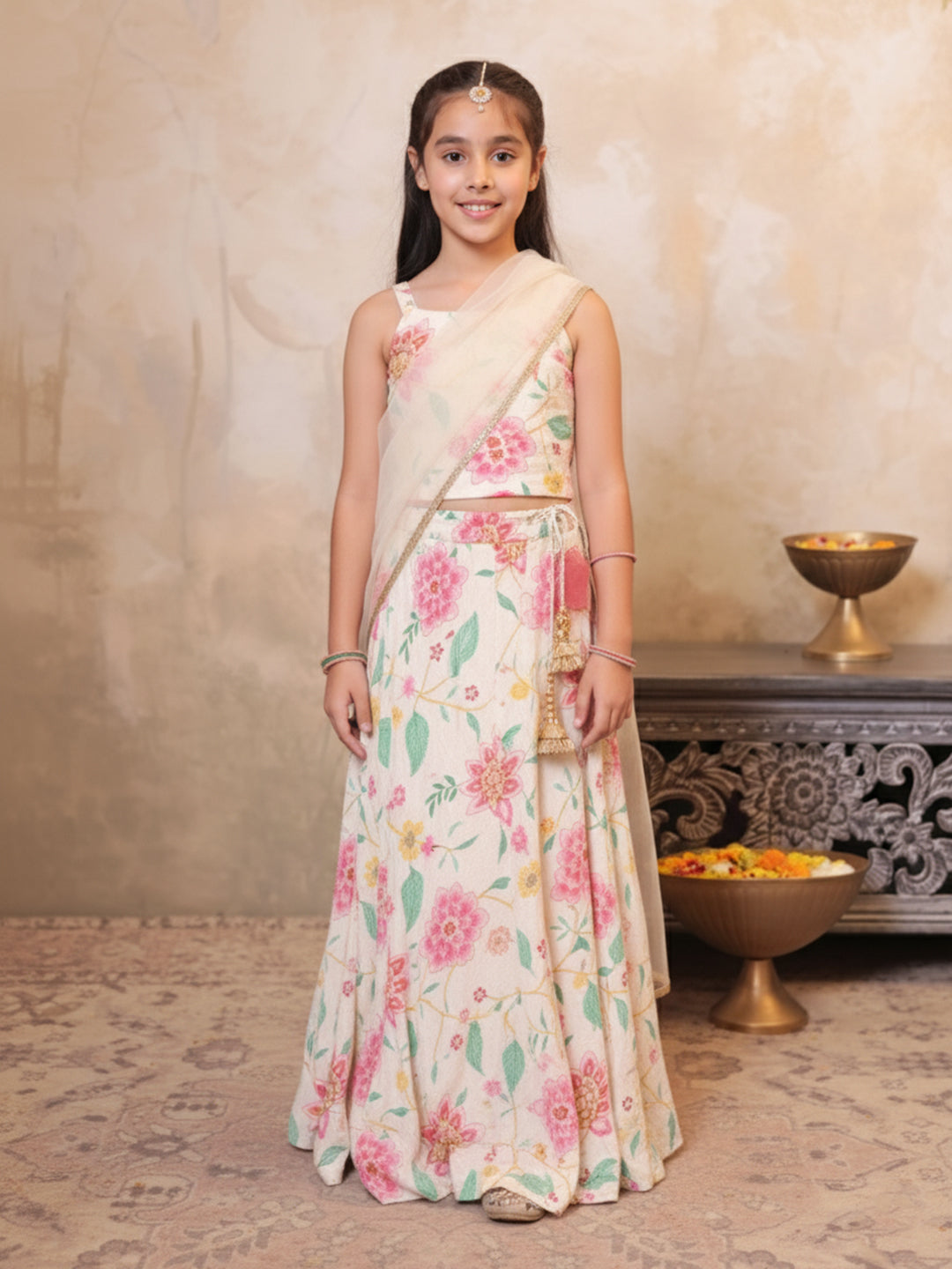 Girls Multi Color Cotton Blend Sleeveless Printed and Gotta Work Lehenga Choli