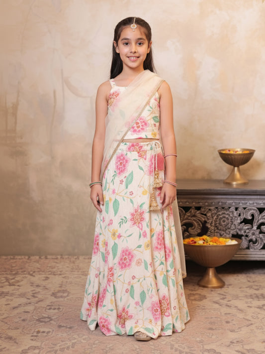 Girls Multi Color Cotton Blend Sleeveless Printed and Gotta Work Lehenga Choli