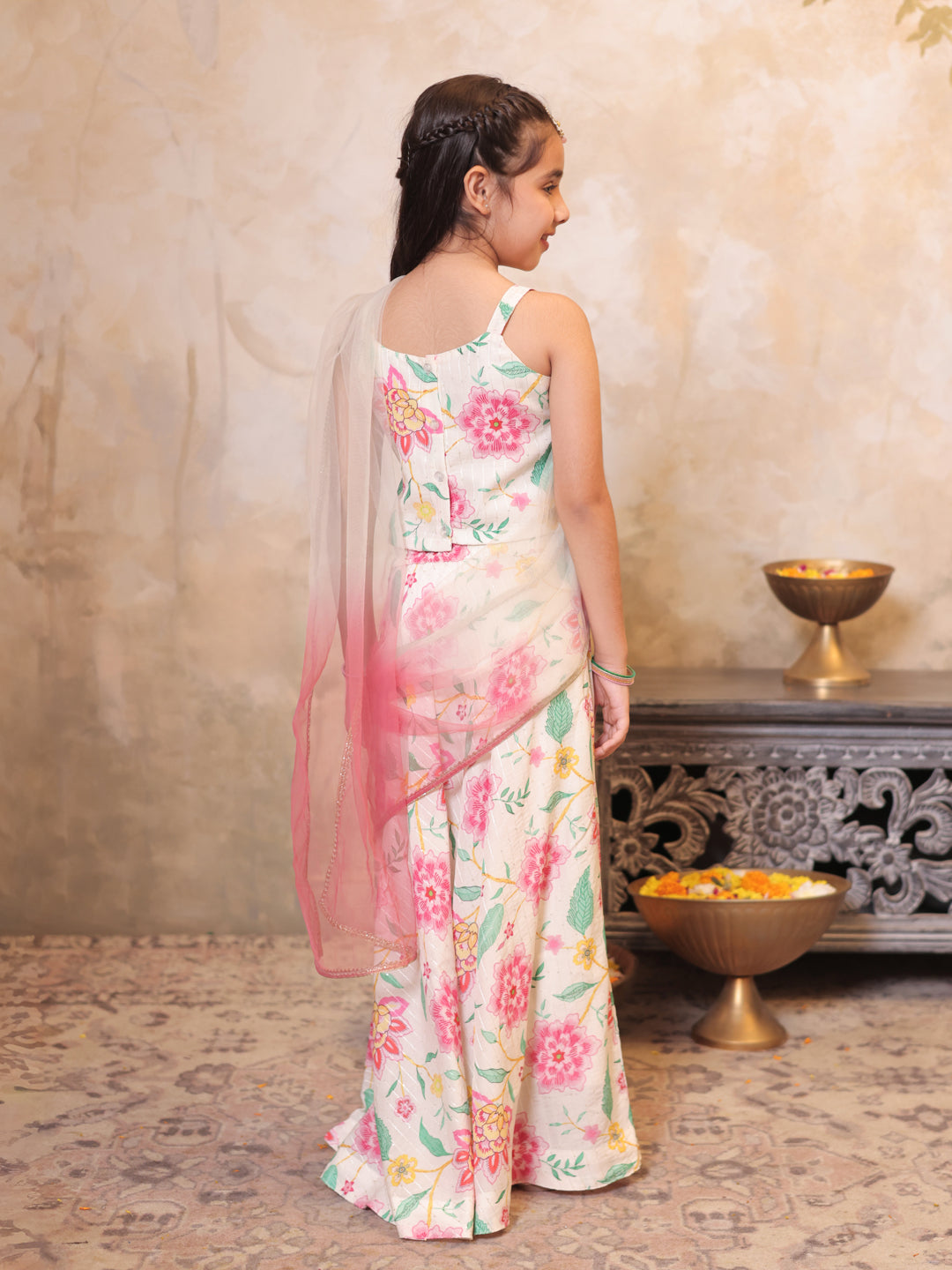 Girls Multi Color Cotton Blend Sleeveless Printed and Gotta Work Lehenga Choli