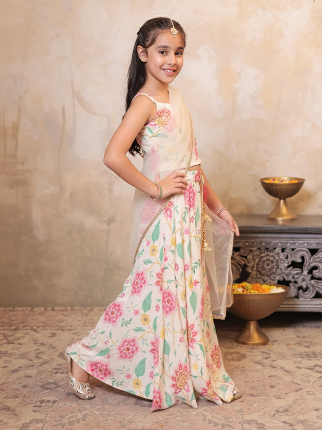 Girls Multi Color Cotton Blend Sleeveless Printed and Gotta Work Lehenga Choli