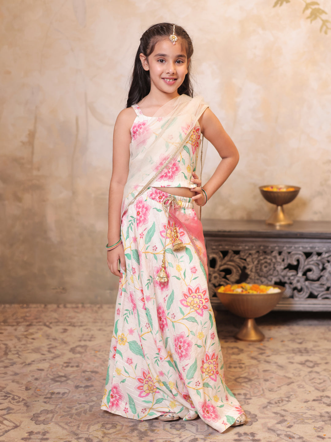 Girls Multi Color Cotton Blend Sleeveless Printed and Gotta Work Lehenga Choli