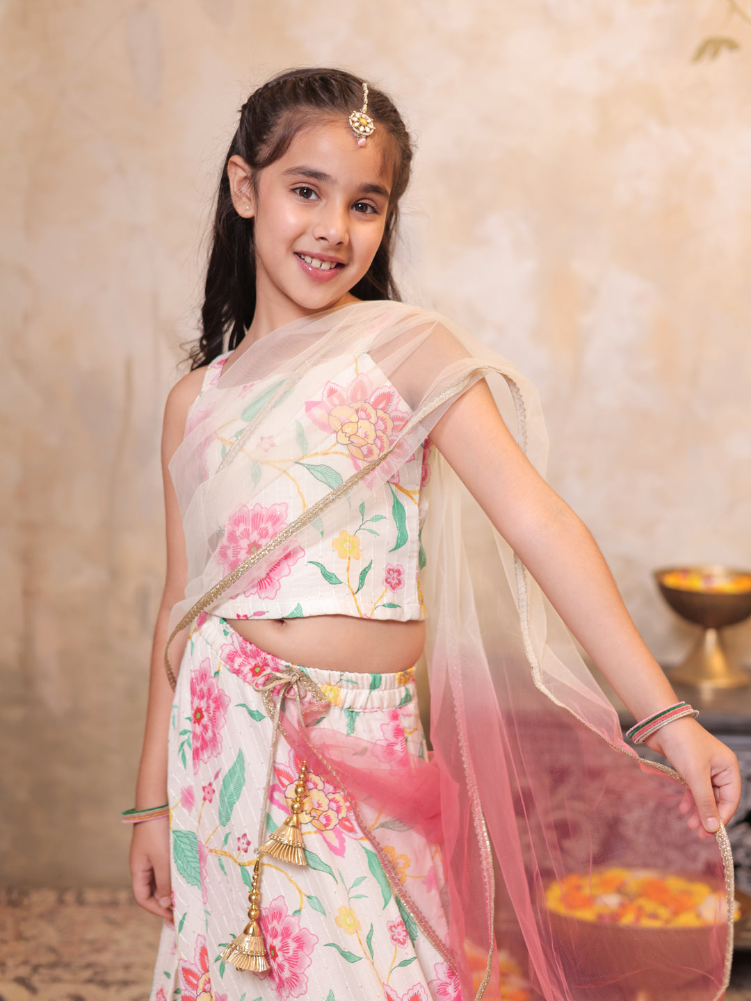 Girls Multi Color Cotton Blend Sleeveless Printed and Gotta Work Lehenga Choli