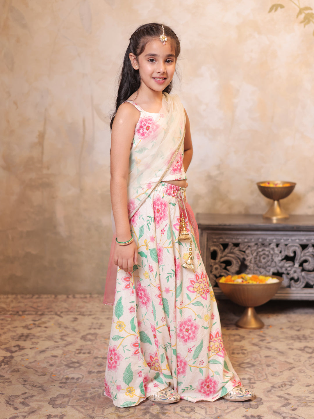 Girls Multi Color Cotton Blend Sleeveless Printed and Gotta Work Lehenga Choli