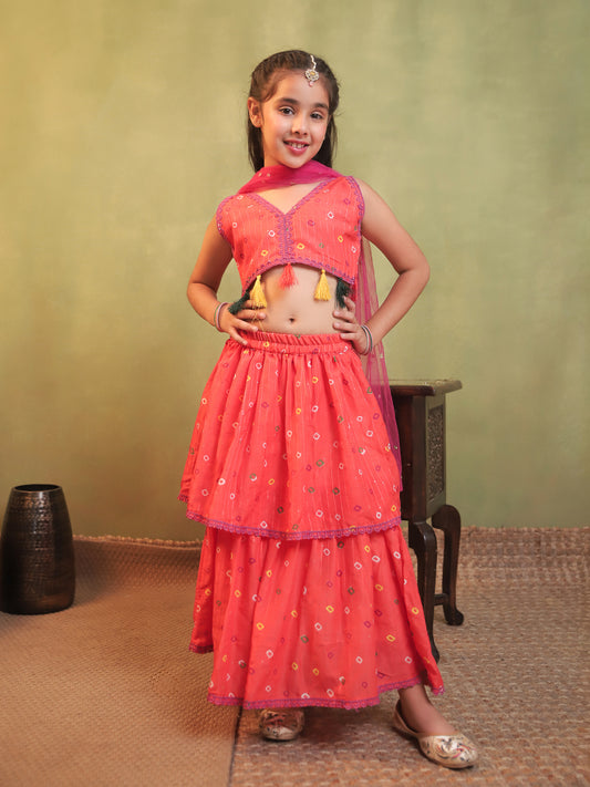 Girls Orange Cotton Blend Sleeveless Printed and lace work Lehenga Choli