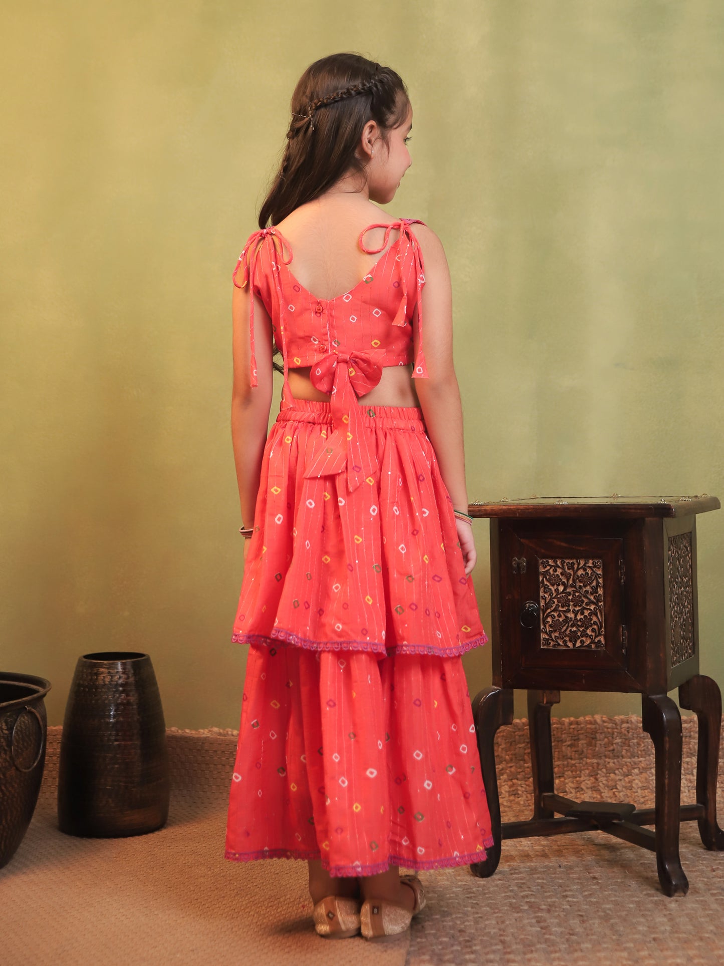 Girls Orange Cotton Blend Sleeveless Printed and lace work Lehenga Choli