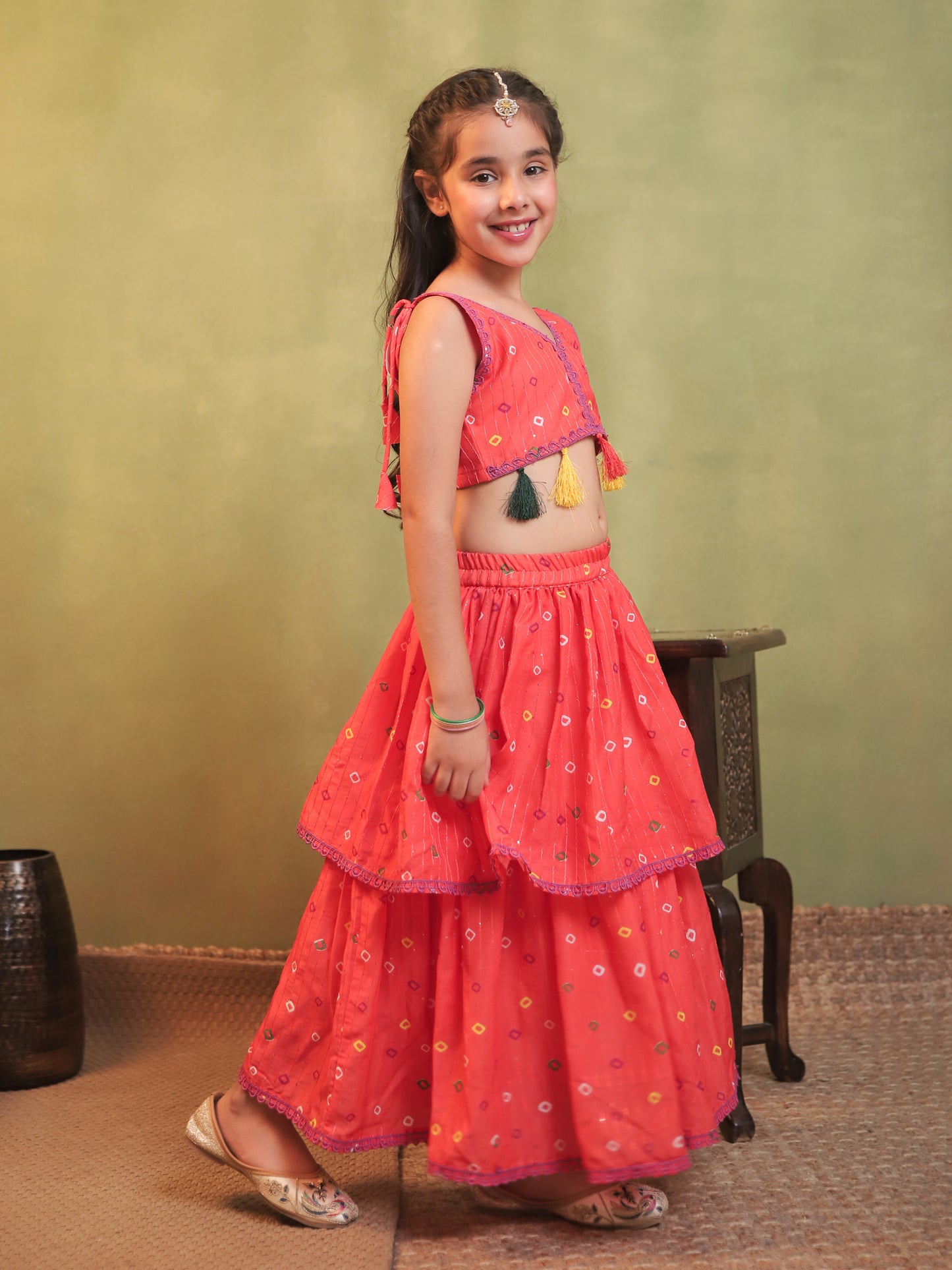 Girls Orange Cotton Blend Sleeveless Printed and lace work Lehenga Choli