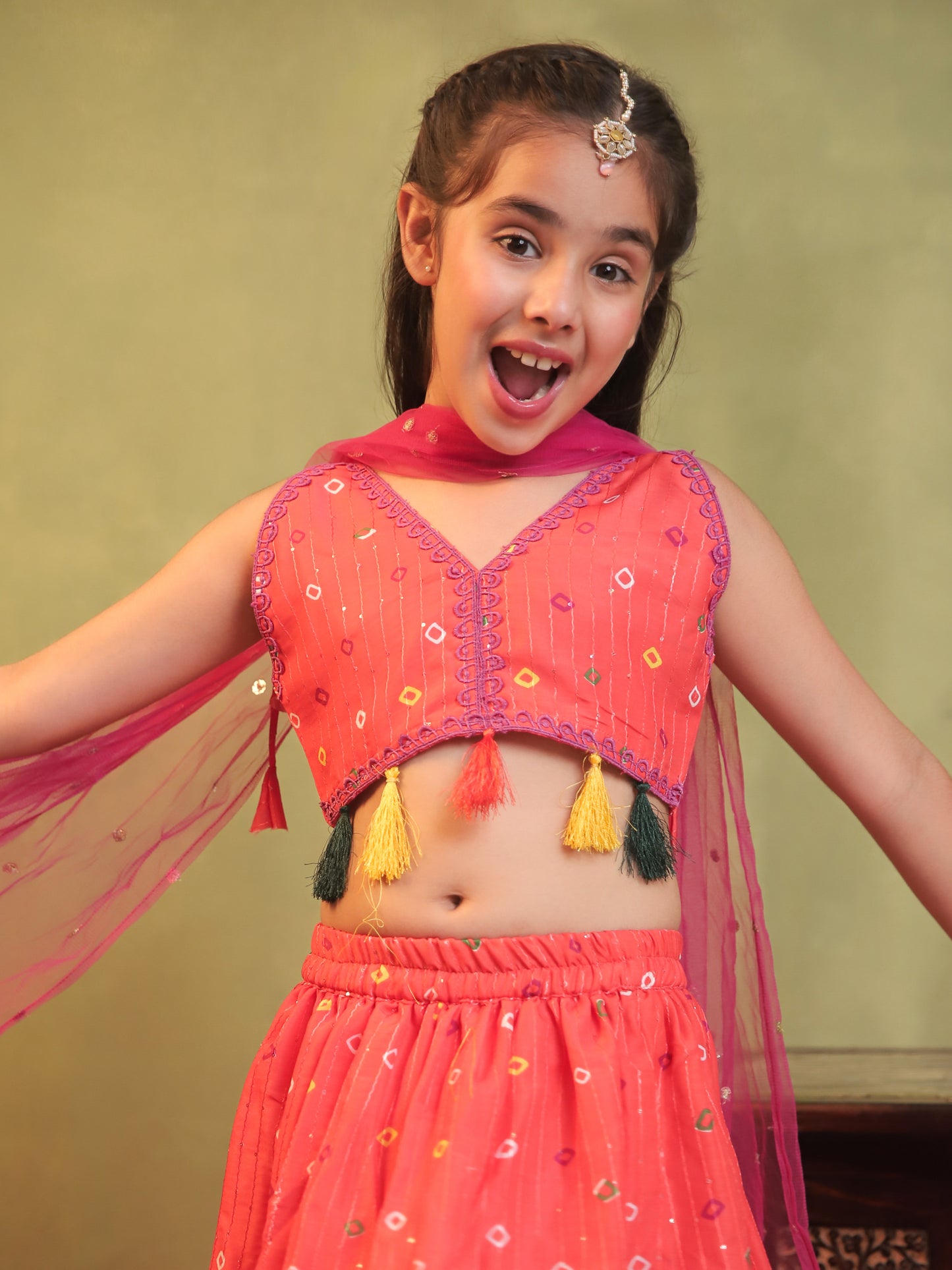 Girls Orange Cotton Blend Sleeveless Printed and lace work Lehenga Choli