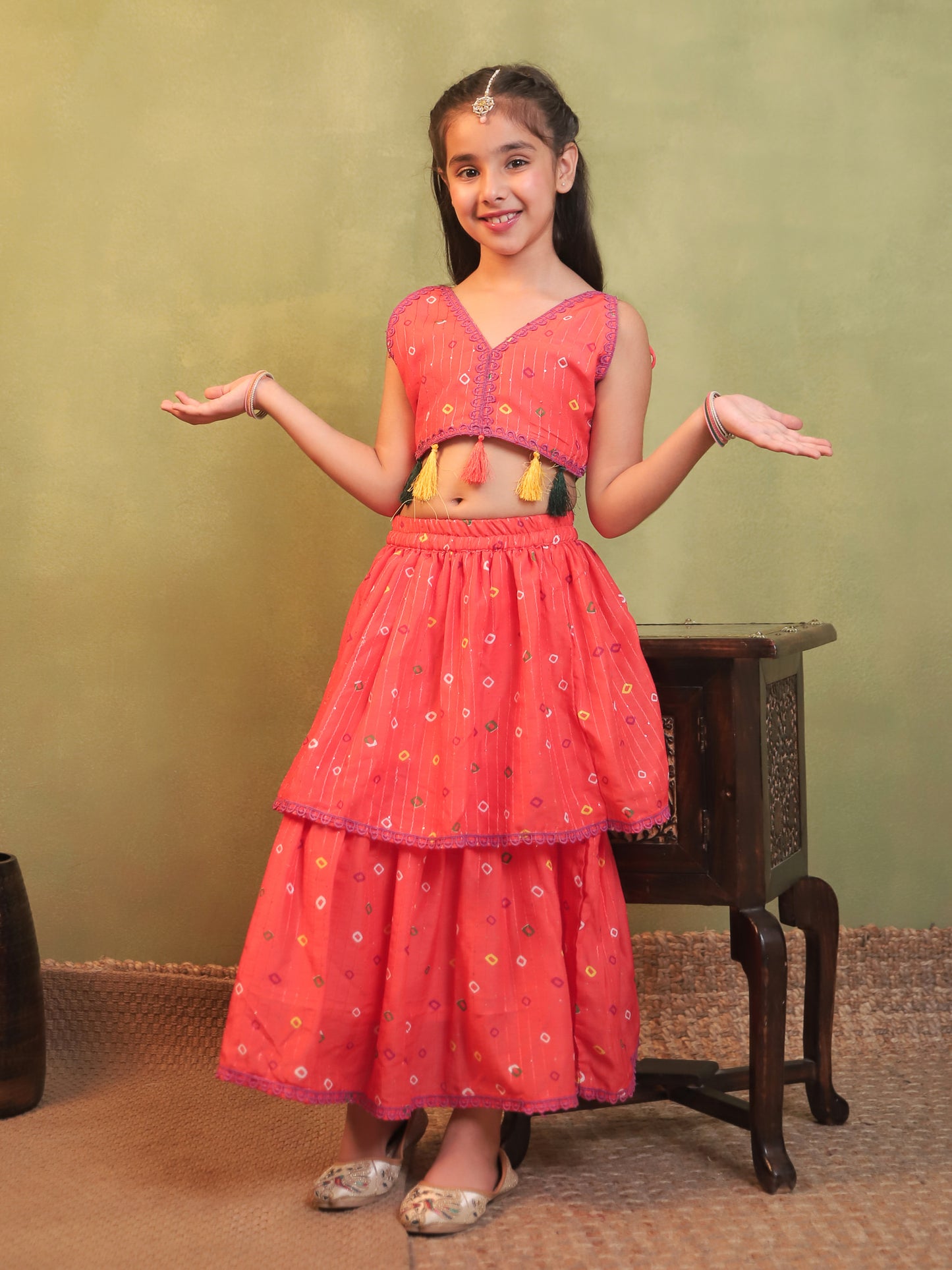 Girls Orange Cotton Blend Sleeveless Printed and lace work Lehenga Choli