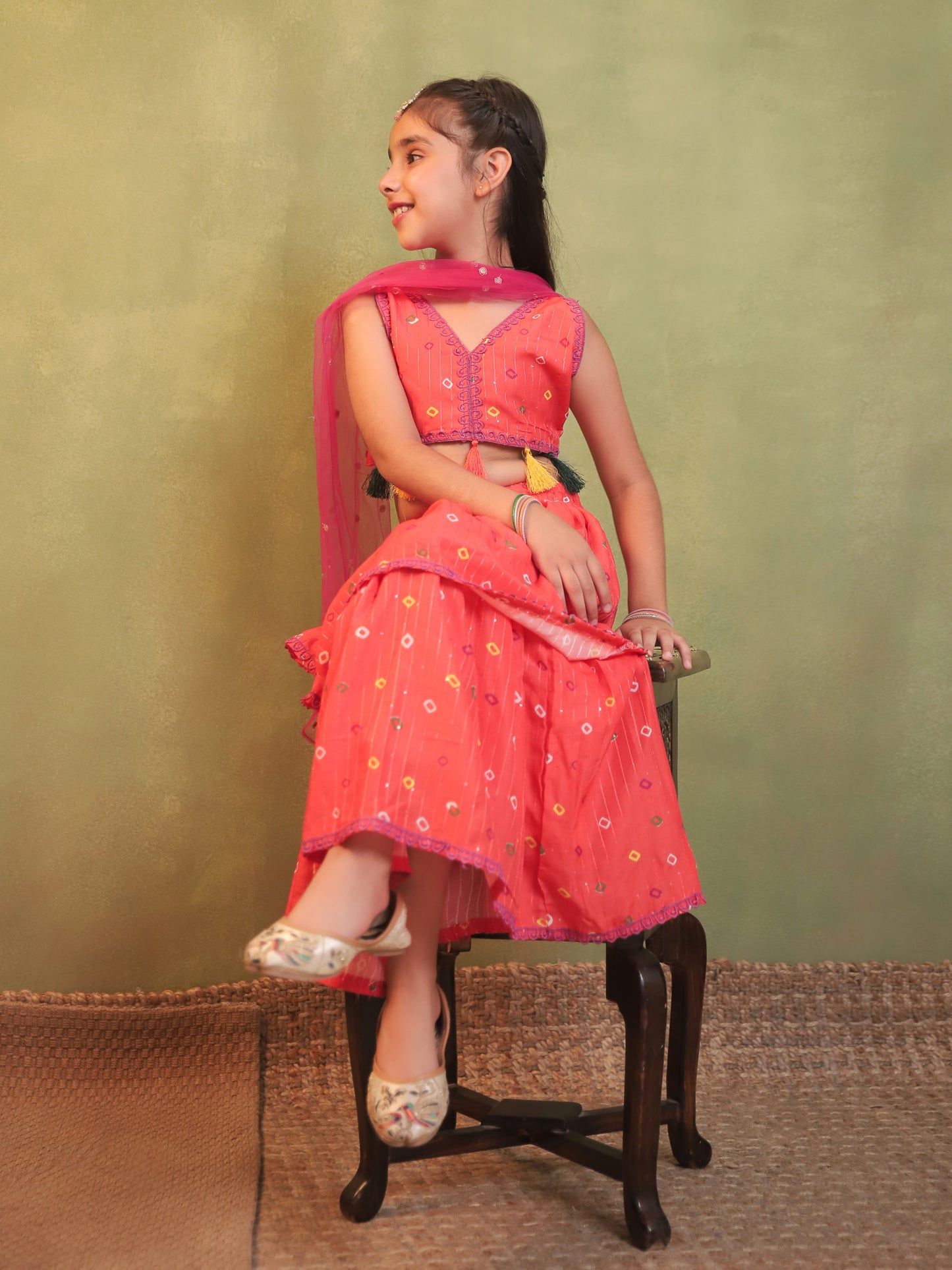 Girls Orange Cotton Blend Sleeveless Printed and lace work Lehenga Choli