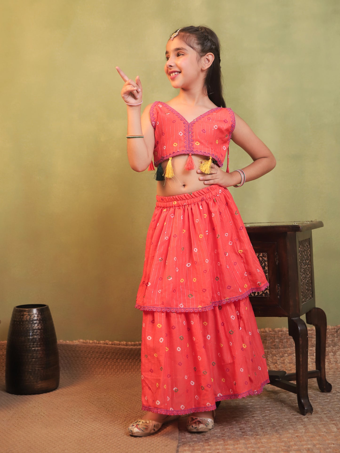 Girls Orange Cotton Blend Sleeveless Printed and lace work Lehenga Choli