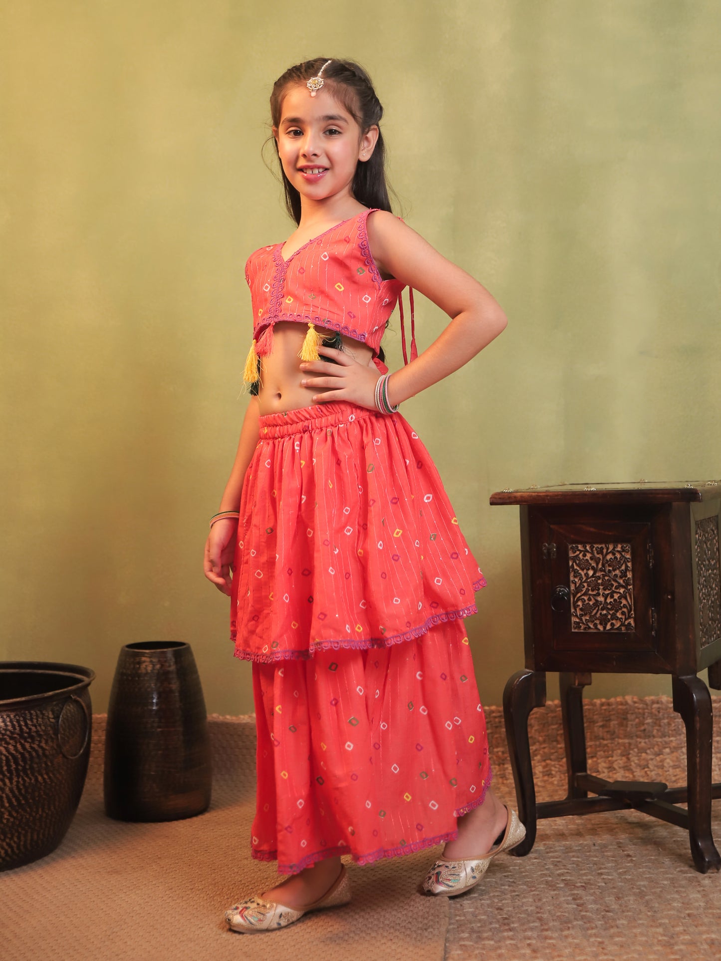 Girls Orange Cotton Blend Sleeveless Printed and lace work Lehenga Choli