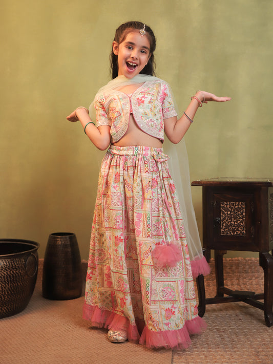 Girls Light Pink Cotton Blend Half Sleeves Printed and Net Frills Lehenga Choli