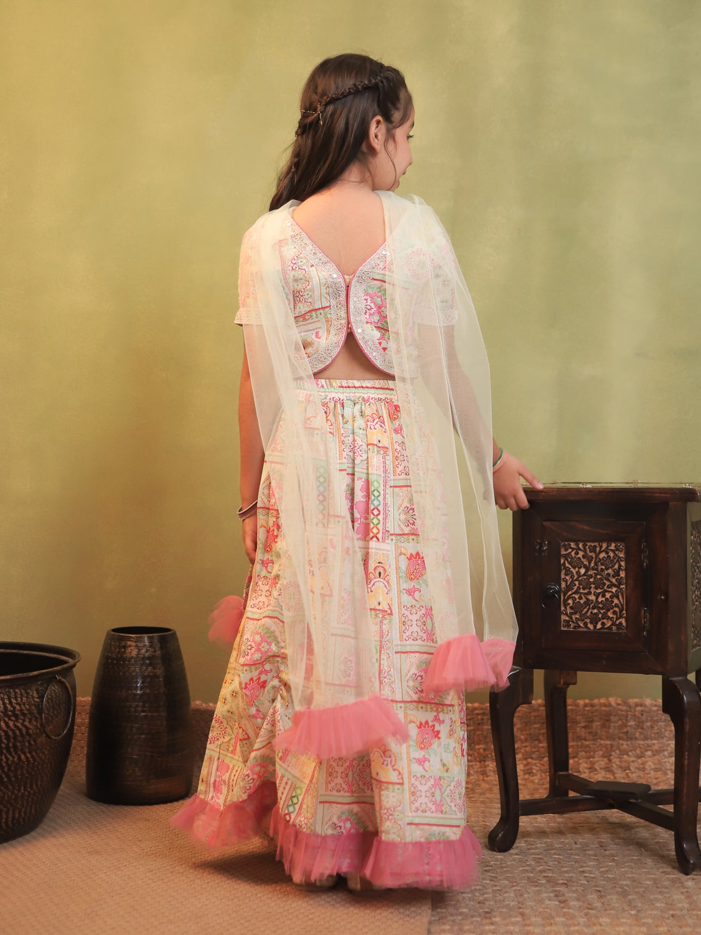 Girls Light Pink Cotton Blend Half Sleeves Printed and Net Frills Lehenga Choli