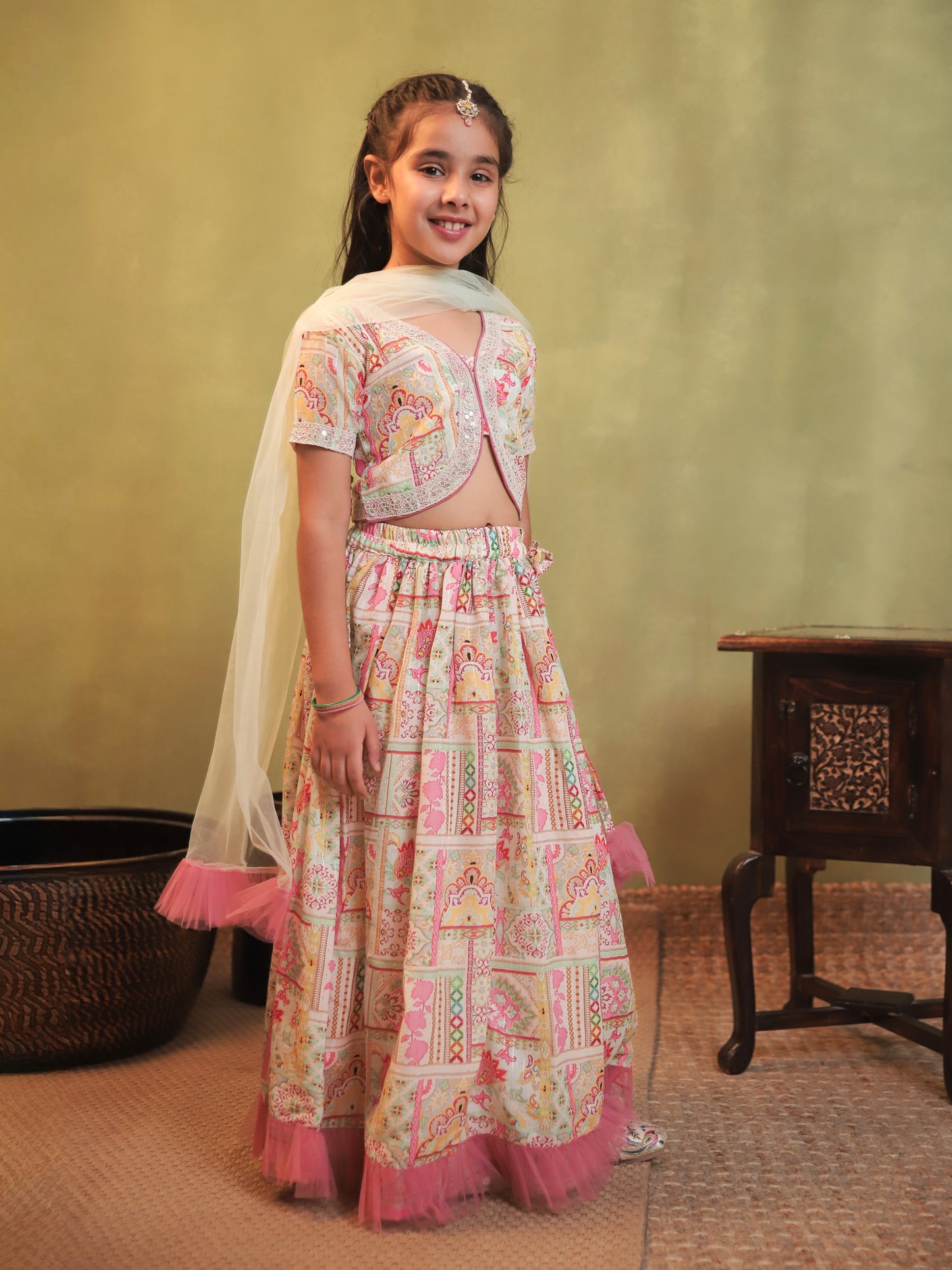 Girls Light Pink Cotton Blend Half Sleeves Printed and Net Frills Lehenga Choli