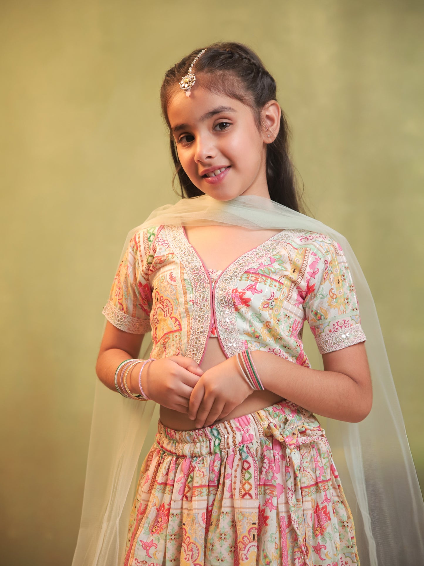 Girls Light Pink Cotton Blend Half Sleeves Printed and Net Frills Lehenga Choli