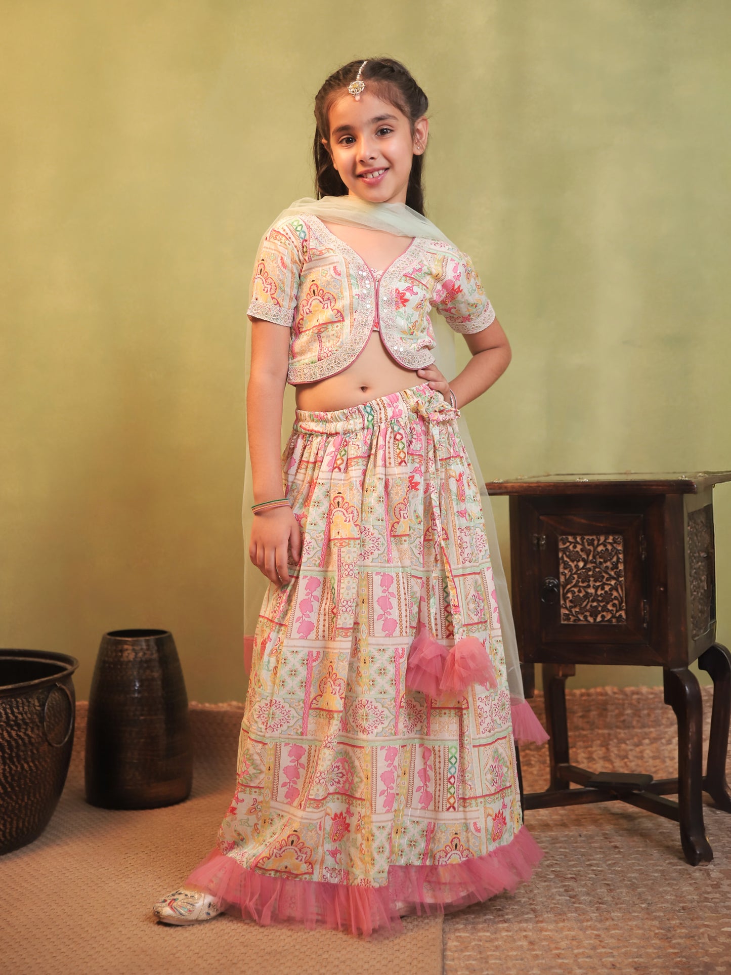 Girls Light Pink Cotton Blend Half Sleeves Printed and Net Frills Lehenga Choli