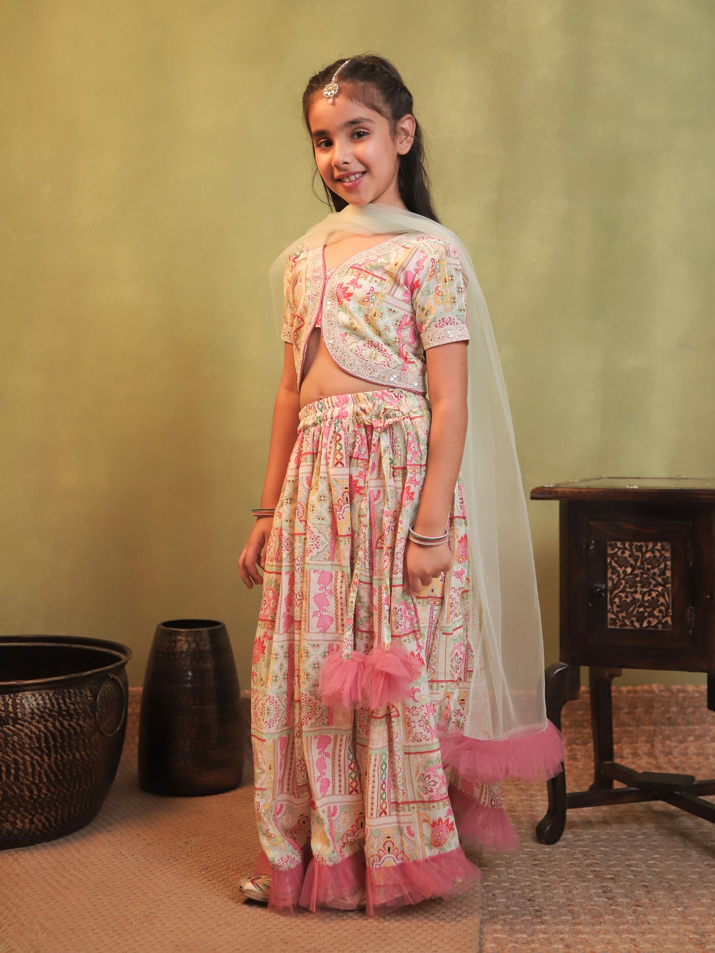 Girls Light Pink Cotton Blend Half Sleeves Printed and Net Frills Lehenga Choli