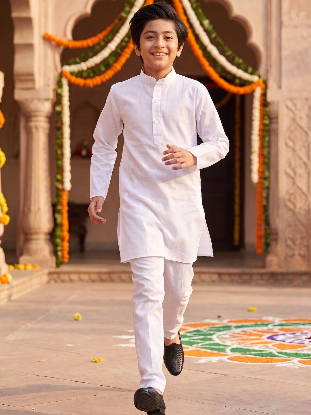 AJ Dezines White Solid Pure Cotton Kurta Pyjama Set For Boys