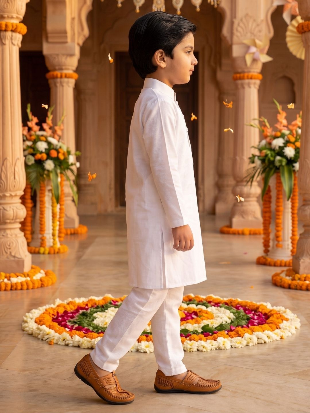 AJ Dezines White Solid Pure Cotton Kurta Pyjama Set For Boys