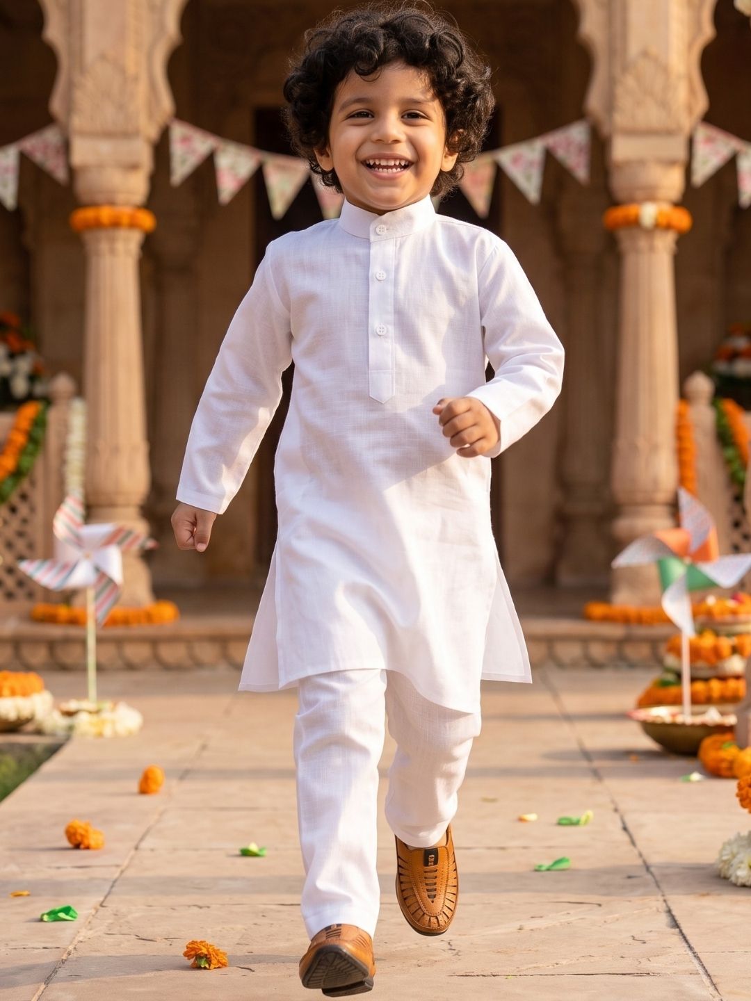 AJ Dezines White Solid Pure Cotton Kurta Pyjama Set For Boys