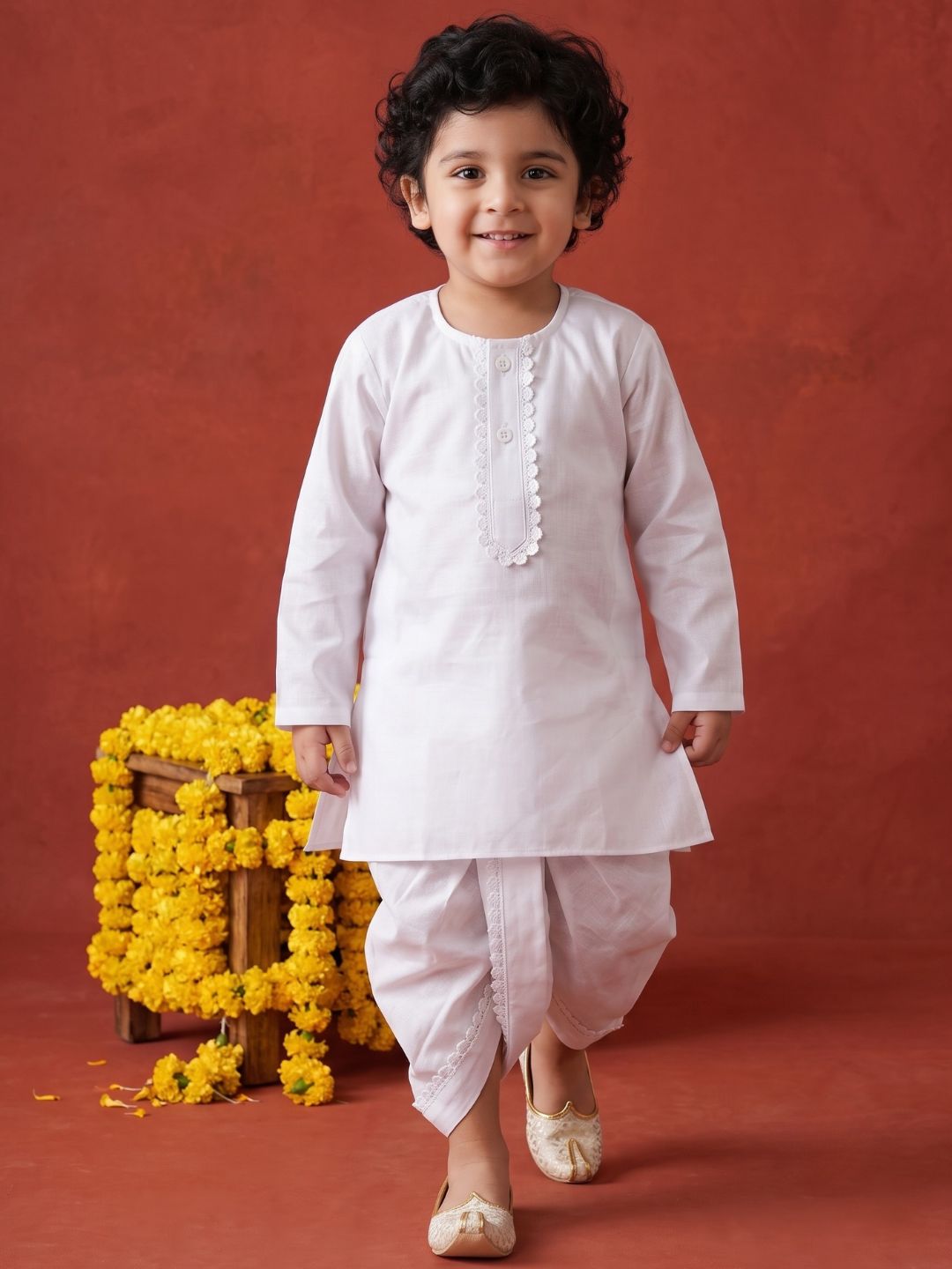 AJ Dezines White Solid Pure Cotton Dhoti Set For Boys