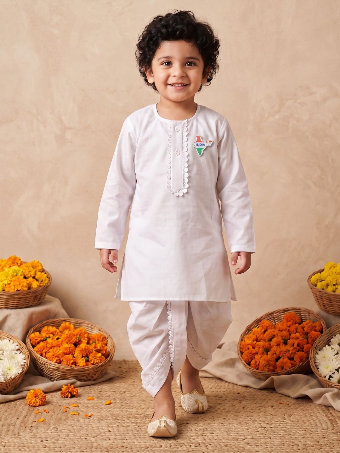 AJ Dezines White Solid Pure Cotton Dhoti Set With India Badge For Boys  | Independence Day Special