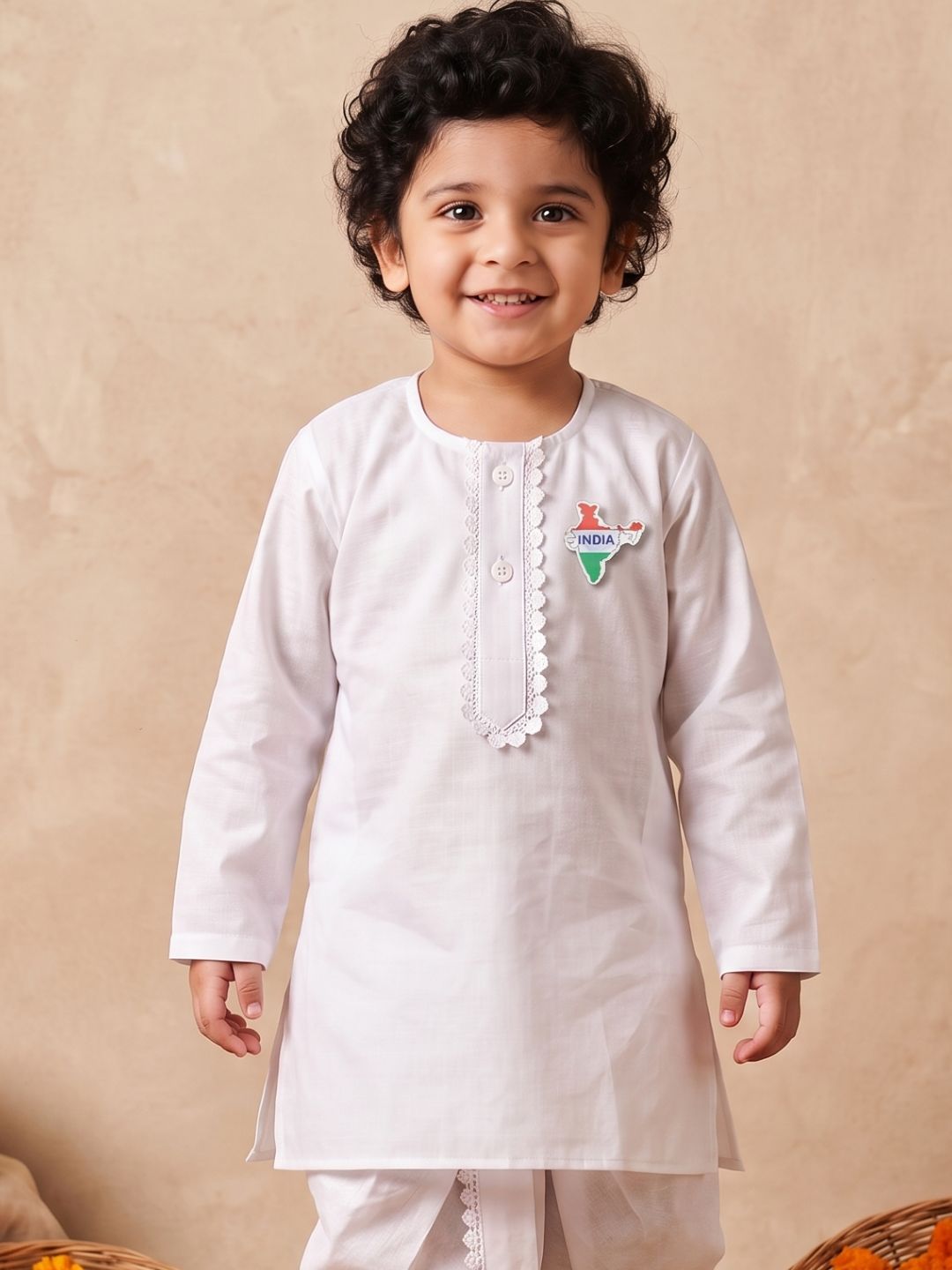 AJ Dezines White Solid Pure Cotton Dhoti Set With India Badge For Boys  | Independence Day Special