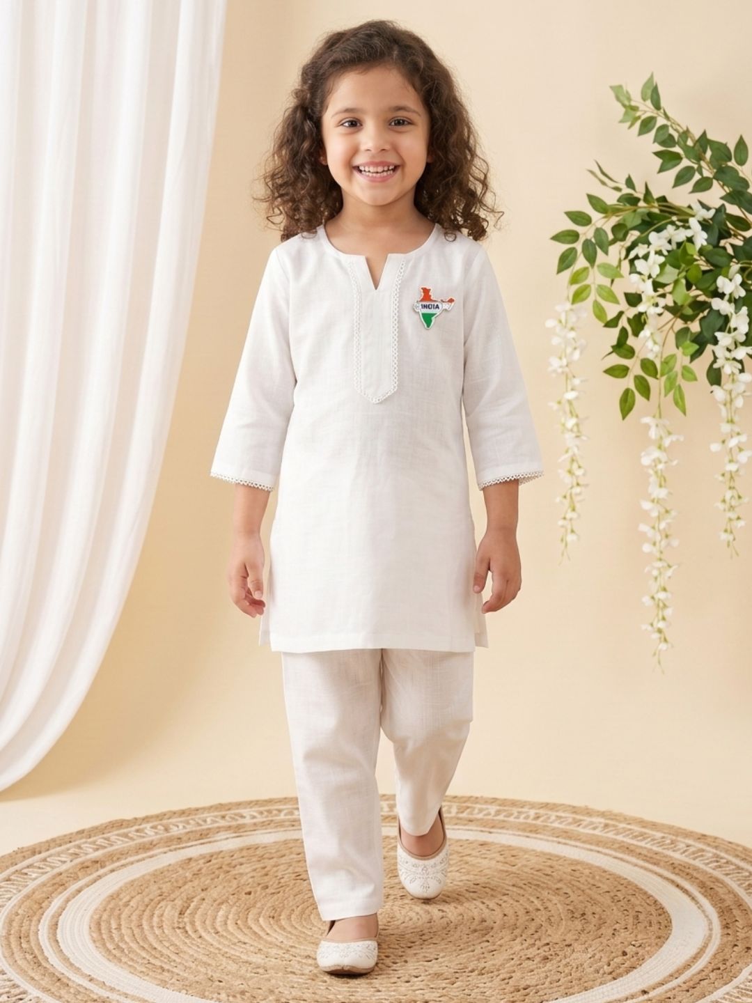 AJ Dezines White Solid Pure Cotton Girls Suit Set With India Badge| Kurti & Pant | Independence Day Special