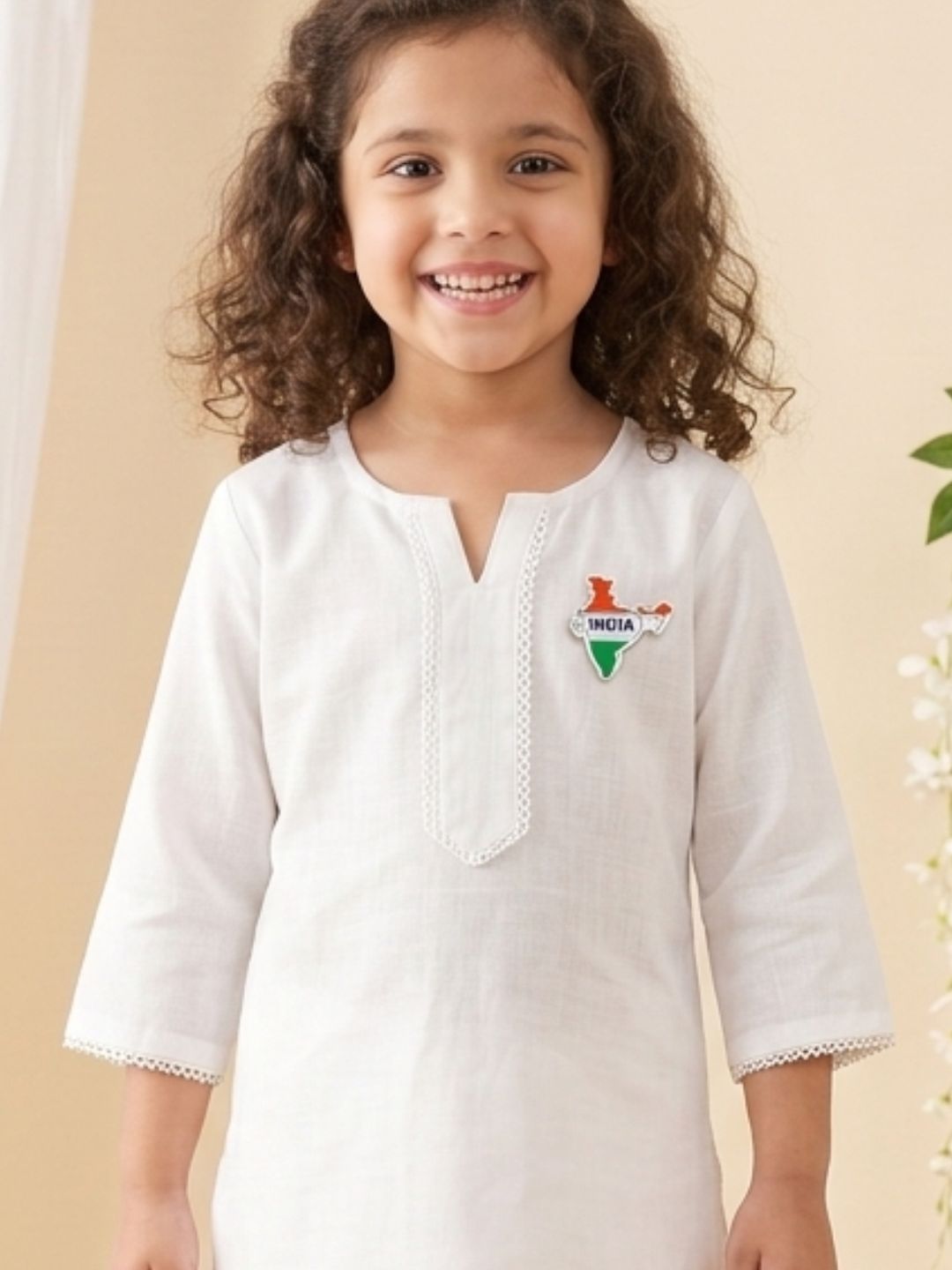 AJ Dezines White Solid Pure Cotton Girls Suit Set With India Badge| Kurti & Pant | Independence Day Special