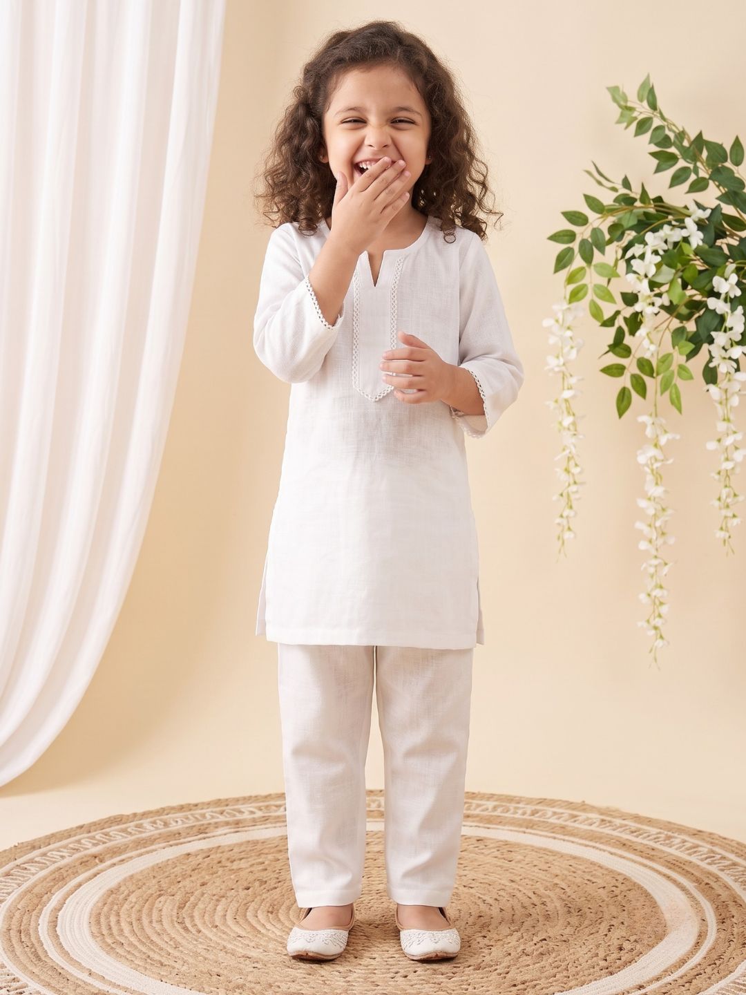 AJ Dezines White Solid Pure Cotton Girls Suit Set With India Badge| Kurti & Pant | Independence Day Special