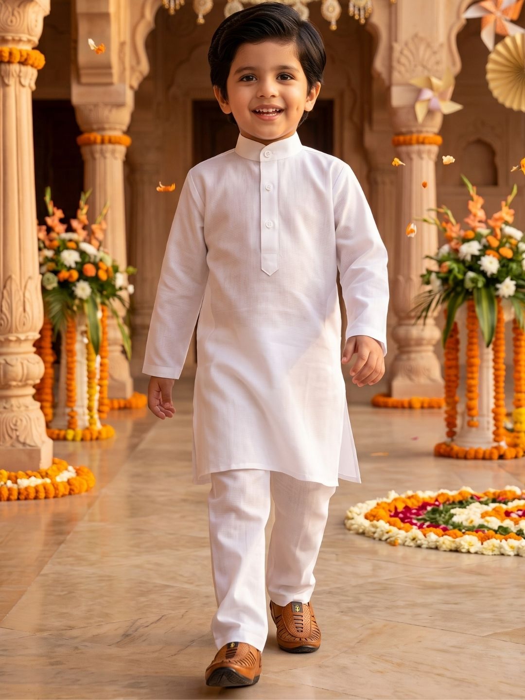 AJ Dezines White Solid Pure Cotton Kurta Pyjama Set With Round Tiranga Brooch For Boys