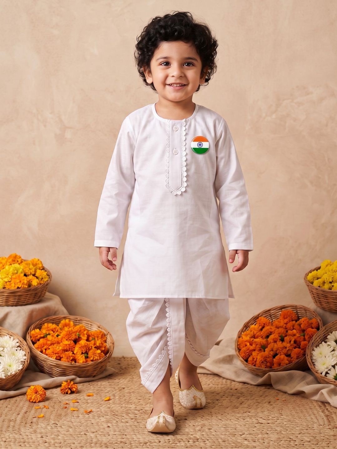 AJ Dezines White Solid Pure Cotton Dhoti Set With Round Tiranga Badge For Boys | Independence Day Special