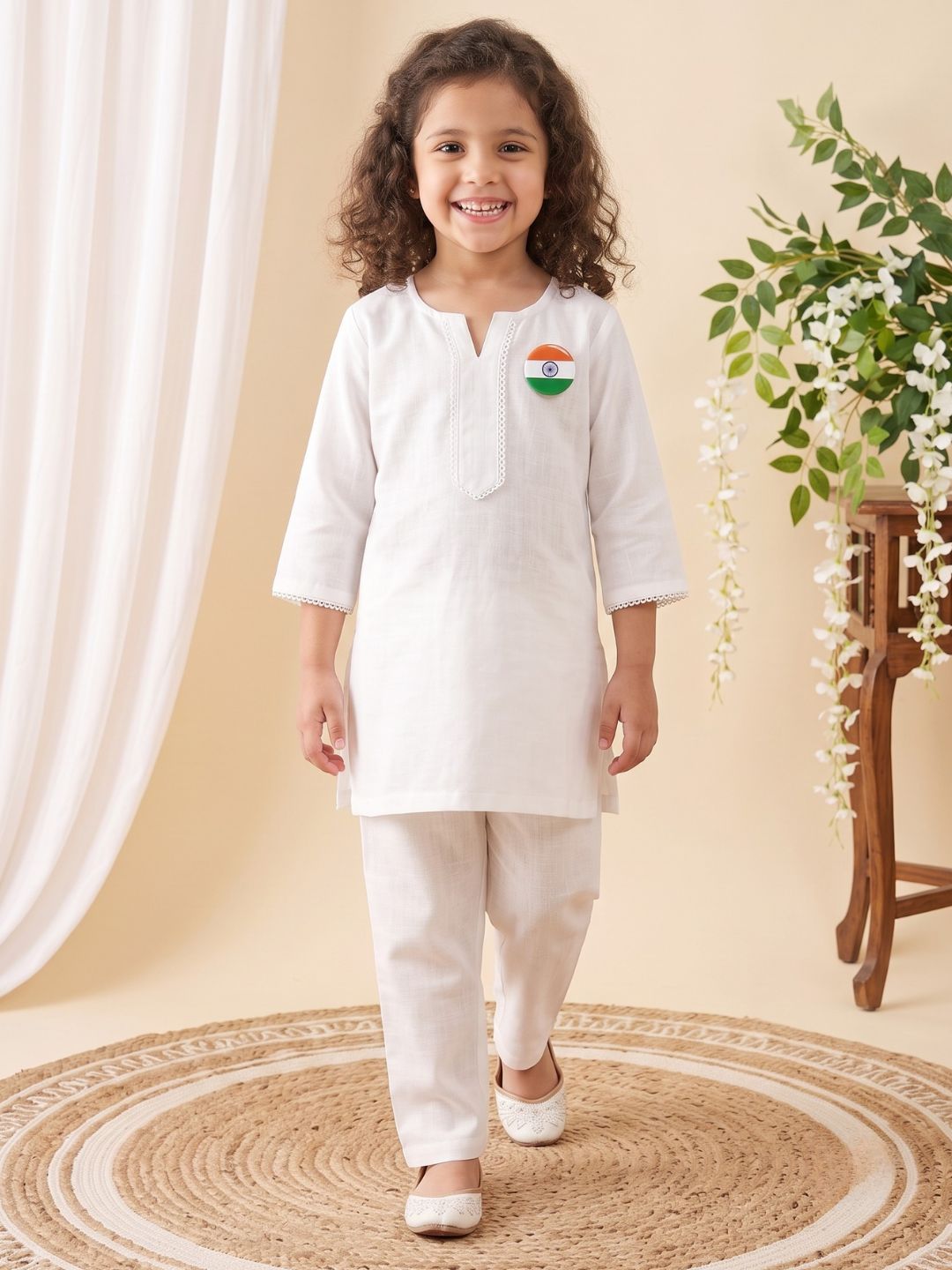 AJ Dezines White Solid Pure Cotton Girls Suit Set With Round Tiranga Badge| Kurti & Pant | Independence Day Special