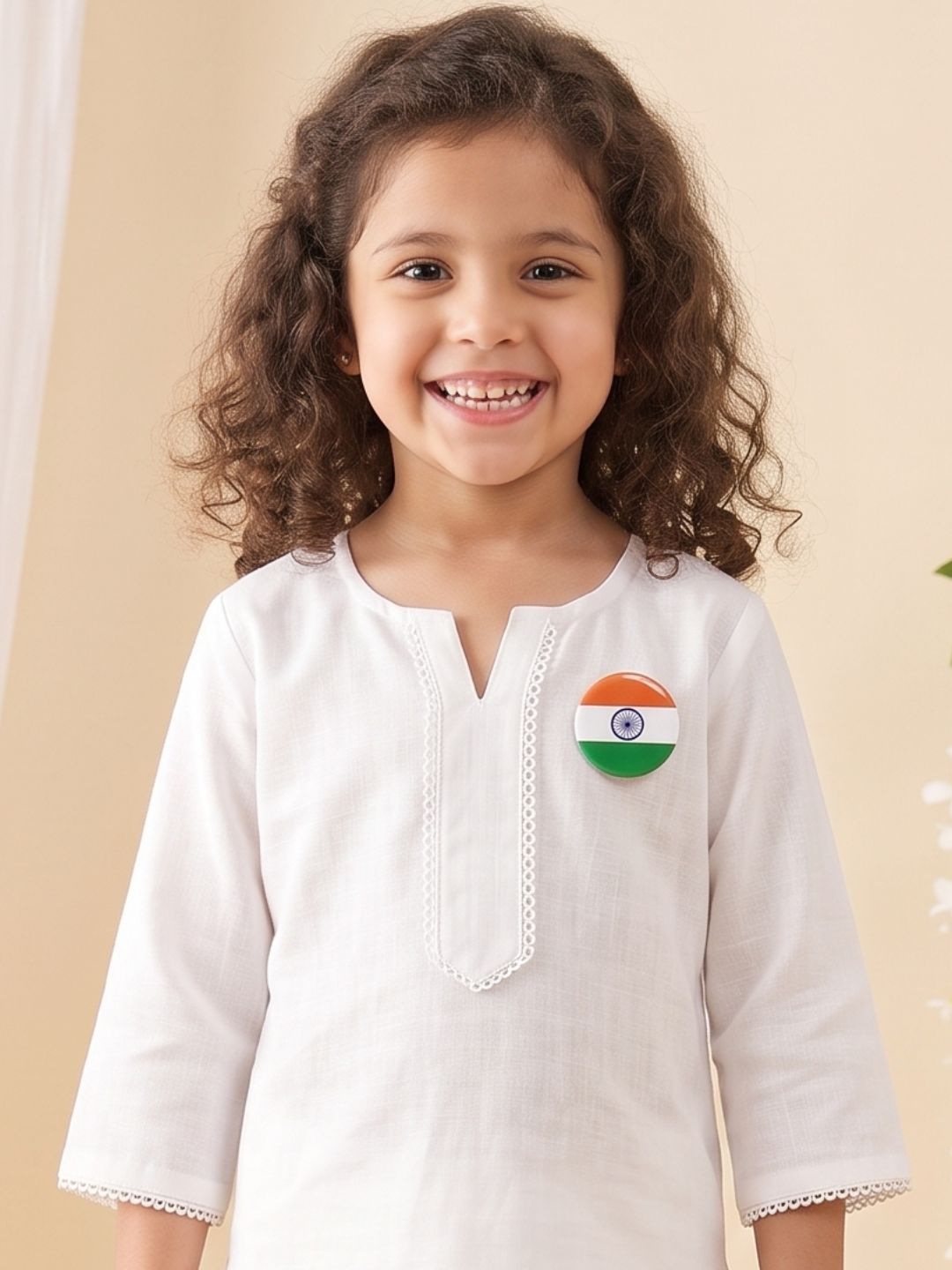 AJ Dezines White Solid Pure Cotton Girls Suit Set With Round Tiranga Badge| Kurti & Pant | Independence Day Special