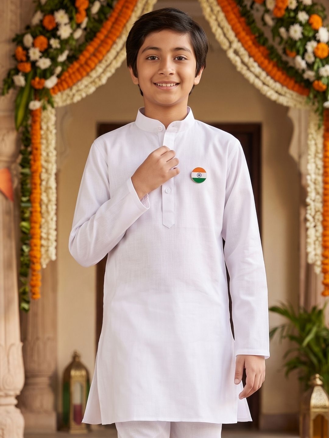 AJ Dezines White Solid Pure Cotton Kurta With Round Tiranga Brooch For Boys