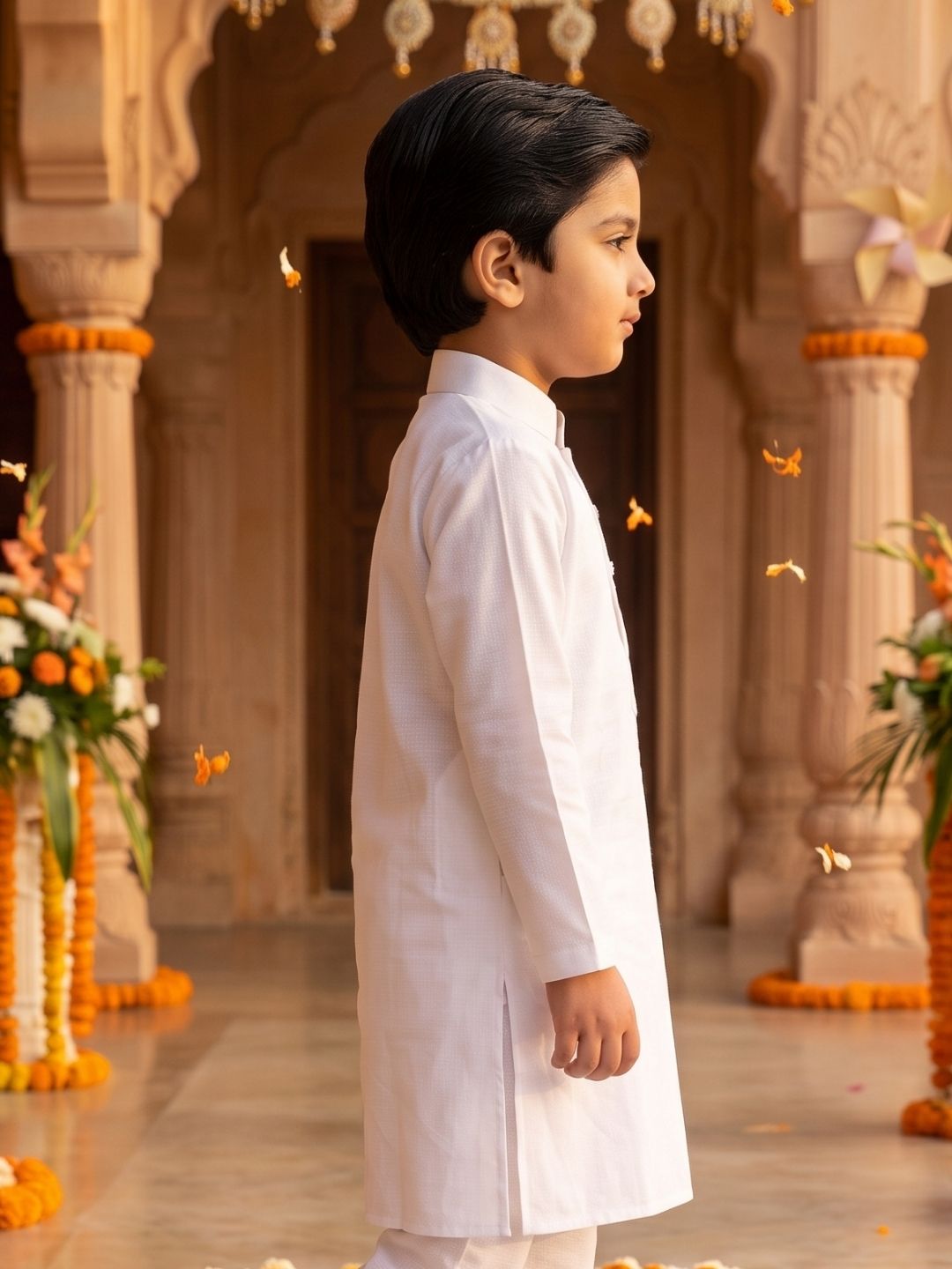 AJ Dezines White Solid Pure Cotton Kurta With Round Tiranga Brooch For Boys