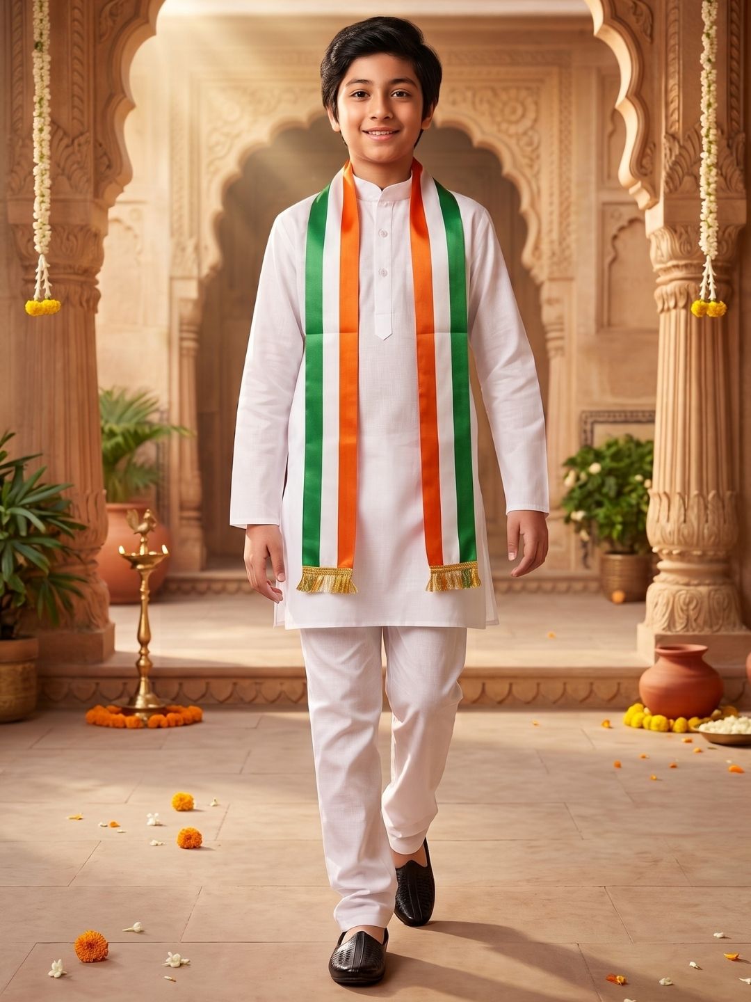 AJ Dezines White Solid Pure Cotton Kurta Pyjama Set With Tiranga Dupatta For Boys