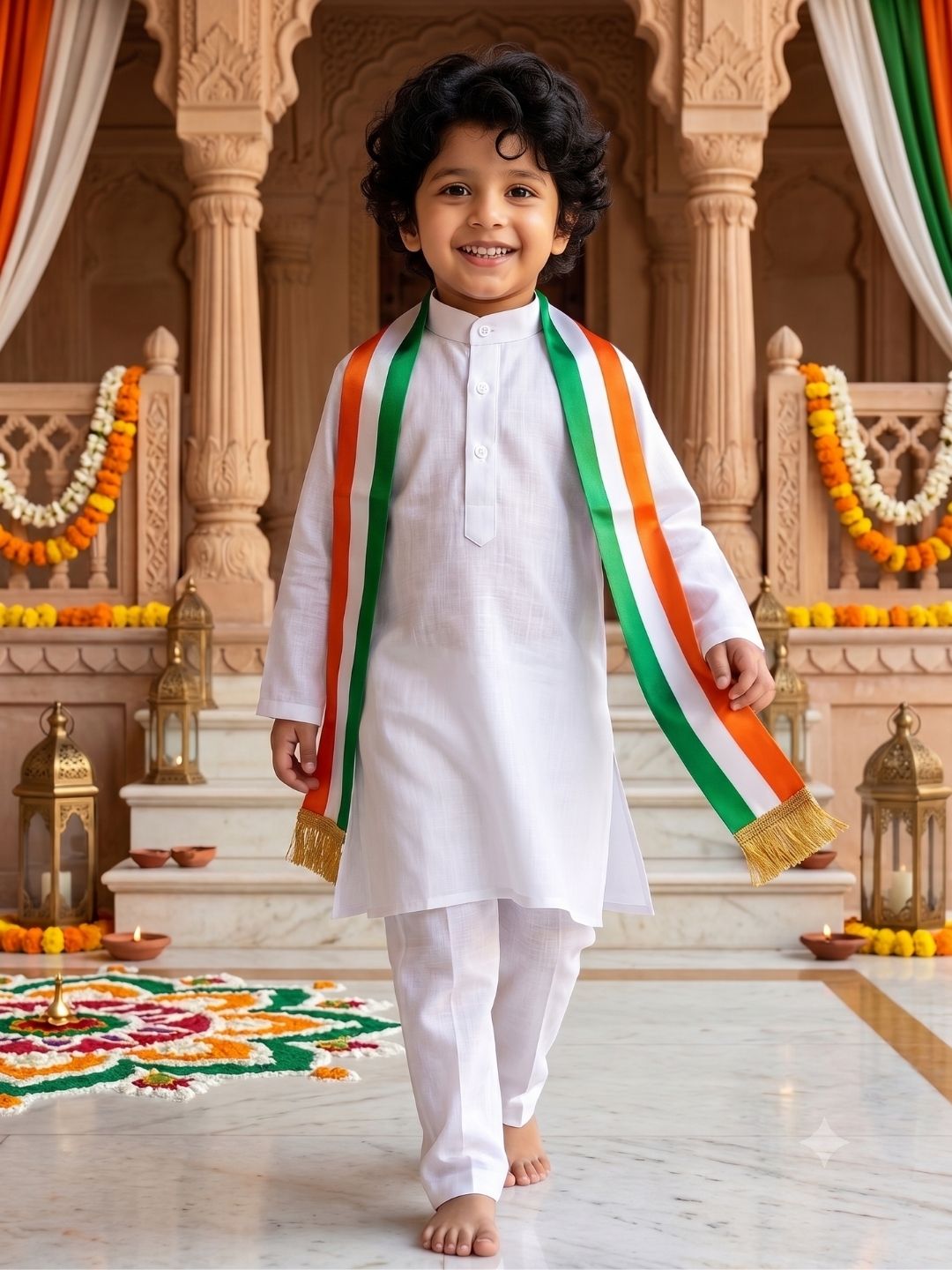 AJ Dezines White Solid Pure Cotton Kurta Pyjama Set With Tiranga Dupatta For Boys