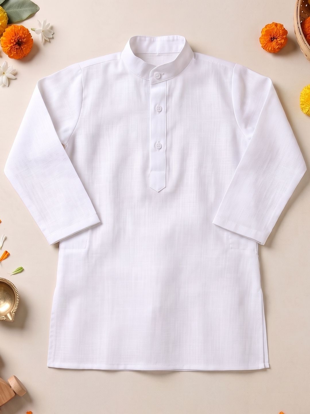 AJ Dezines White Solid Pure Cotton Kurta Pyjama Set With Tiranga Dupatta For Boys