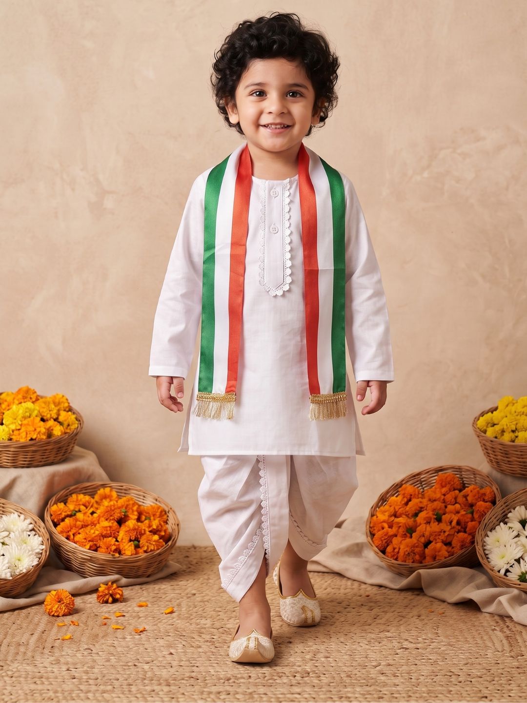AJ Dezines White Solid Pure Cotton Dhoti Set With Tiranga Dupatta For Boys | Independence Day Special
